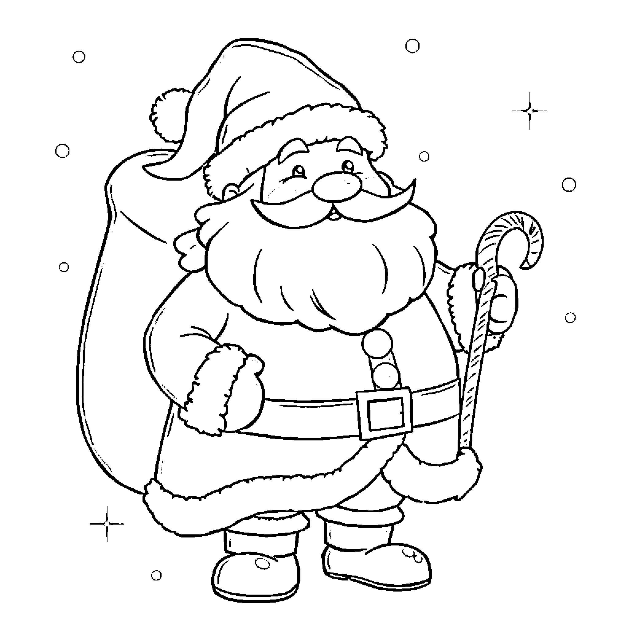Paintbrush Santa Claus in Winter Wonderland Coloring Page (free black-and-white line drawing printable PDF for all, from beginners to advanced learners, including children, teens, adults, and seniors)