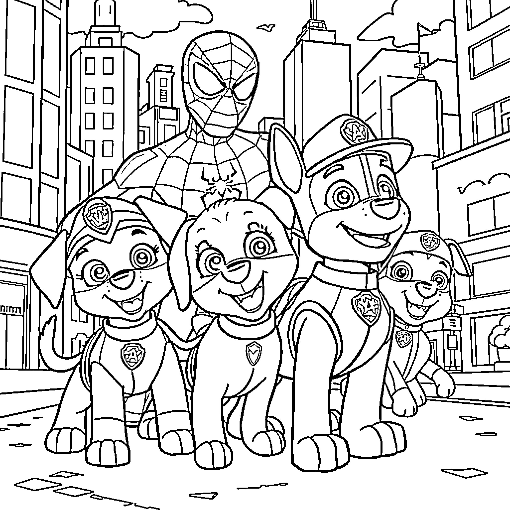 Paw Patrol characters on a city adventure with Spiderman Coloring Page (free black-and-white line drawing printable PDF for all, from beginners to advanced learners, including children, teens, adults, and seniors)