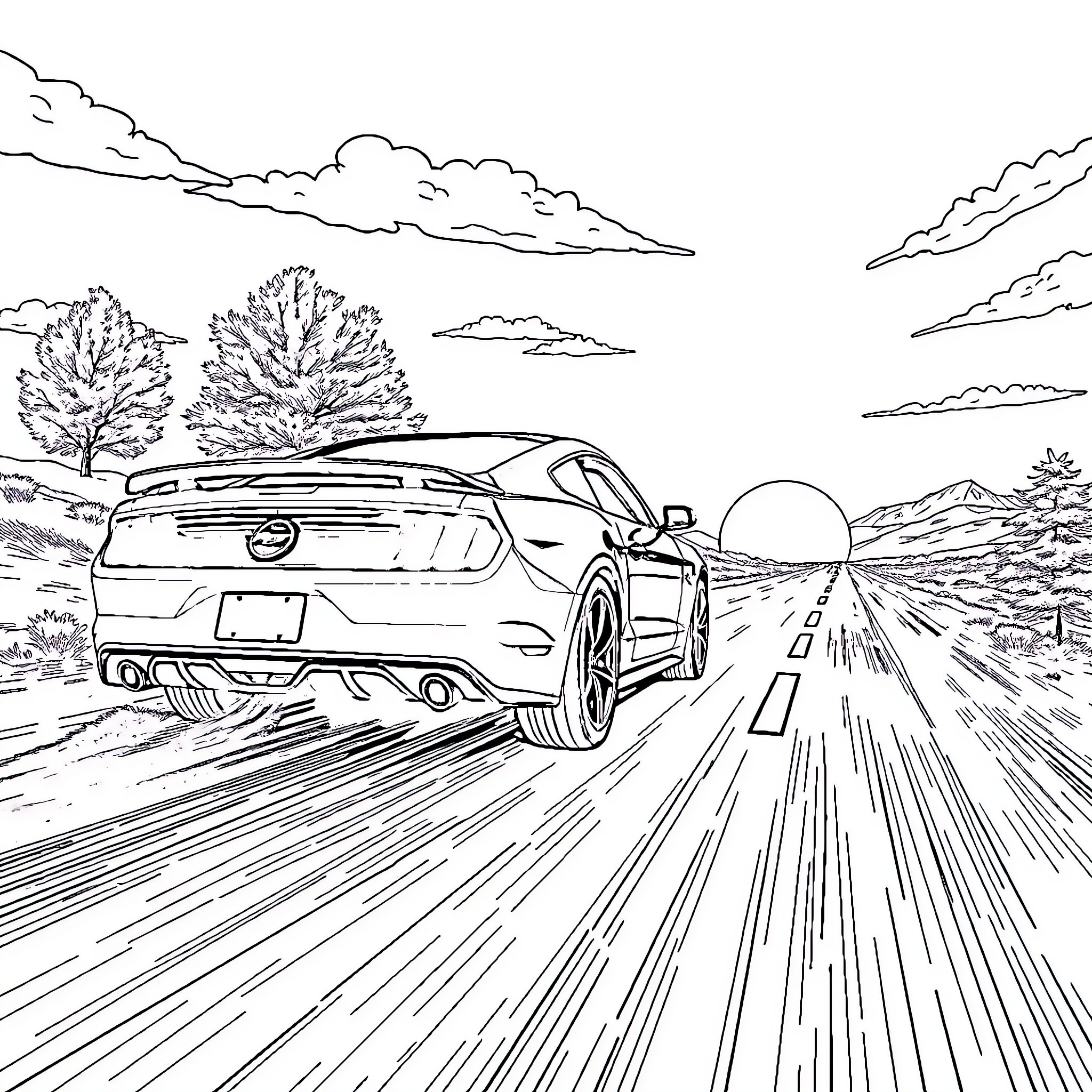 Mustang speeding through scenic mountain landscape Coloring Page (free black-and-white line drawing printable PDF for all, from beginners to advanced learners, including children, teens, adults, and seniors)