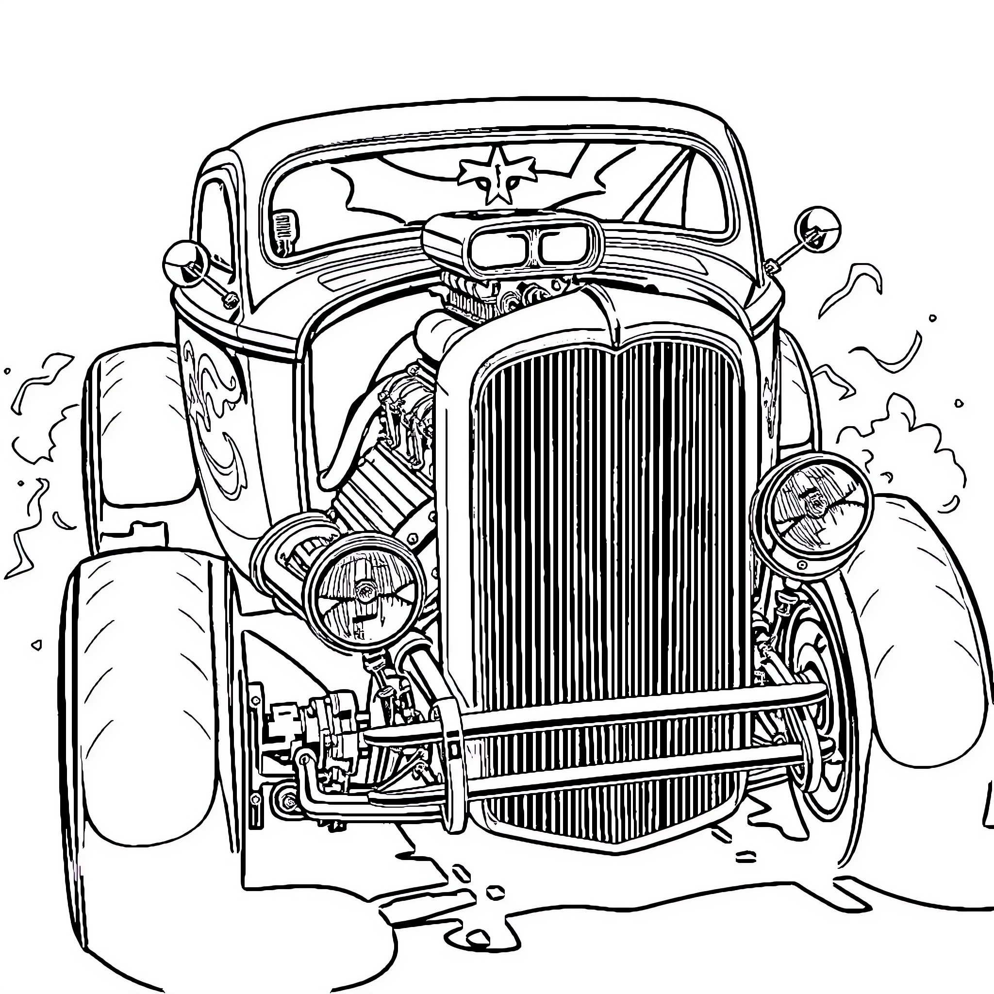 Hot Rod with Retro Charm and Customized Details Coloring Page (free black-and-white line drawing printable PDF for all, from beginners to advanced learners, including children, teens, adults, and seniors)