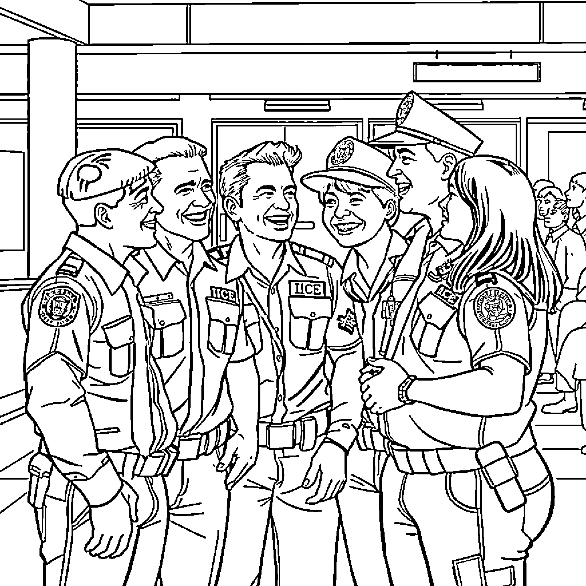 Ice Agent Group Celebration in Uniform Coloring Page (free black-and-white line drawing printable PDF for all, from beginners to advanced learners, including children, teens, adults, and seniors)