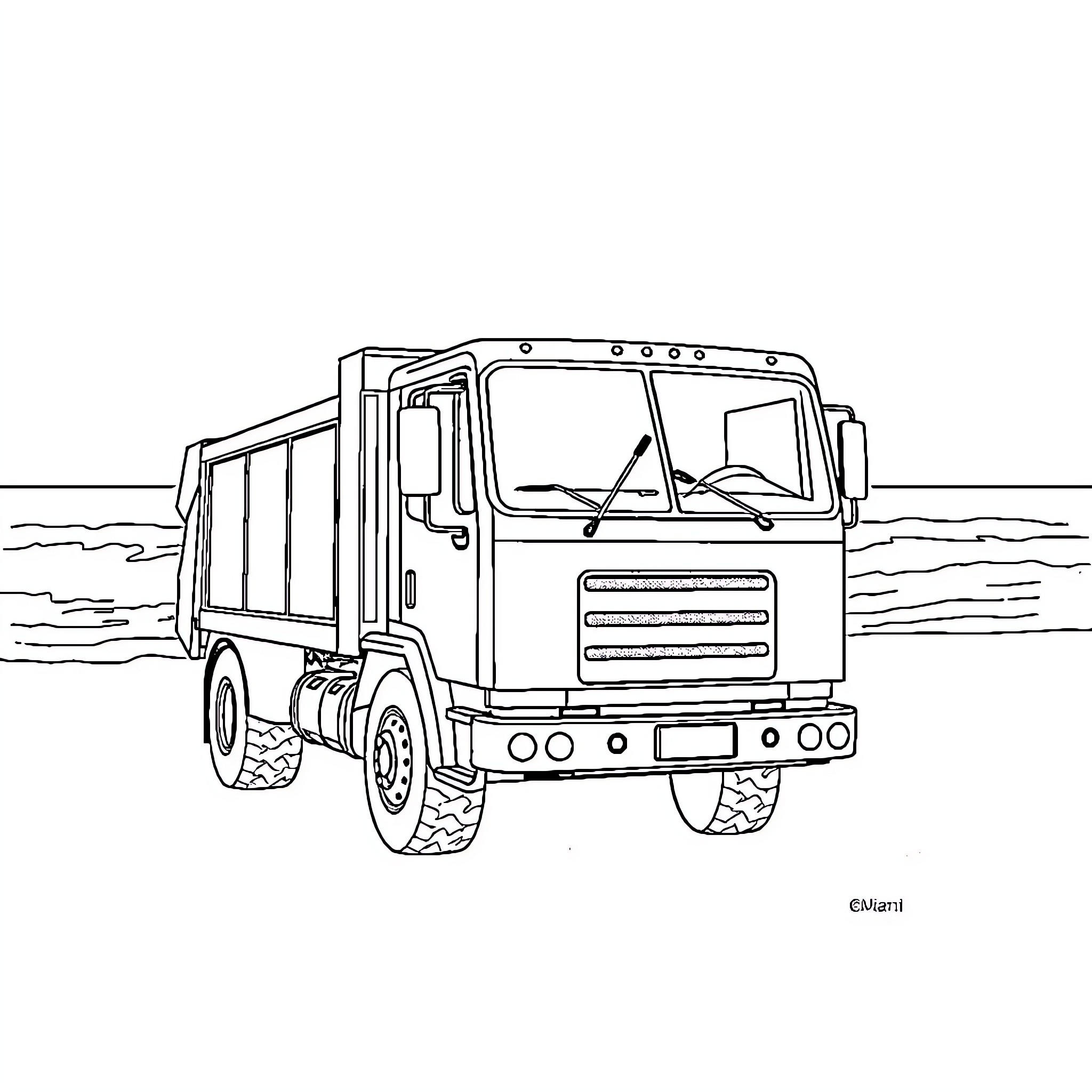 Bintruck transporting heavy equipment across the field Coloring Page (free black-and-white line drawing printable PDF for all, from beginners to advanced learners, including children, teens, adults, and seniors)