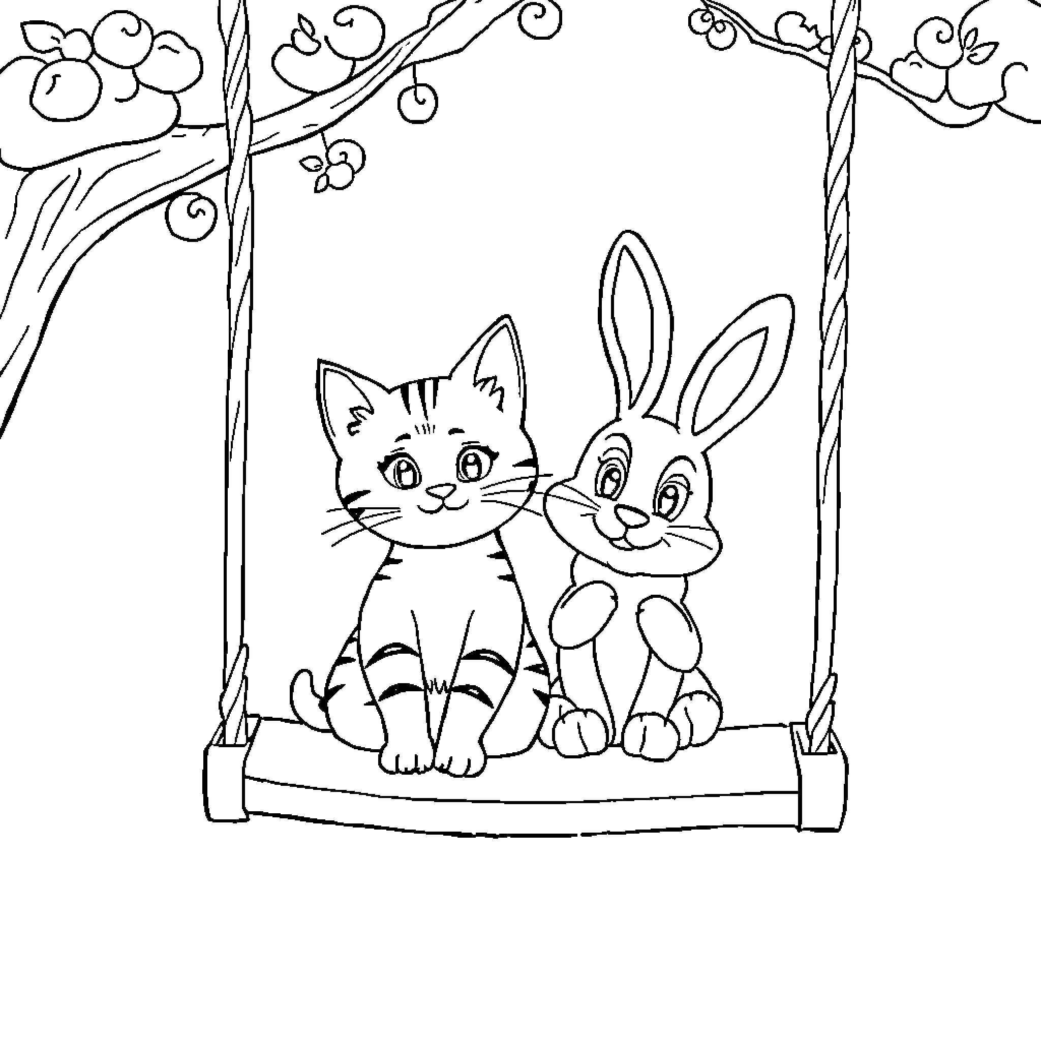 Kitty and Bunny Swing Together Coloring Page (free black-and-white line drawing printable PDF for all, from beginners to advanced learners, including children, teens, adults, and seniors)