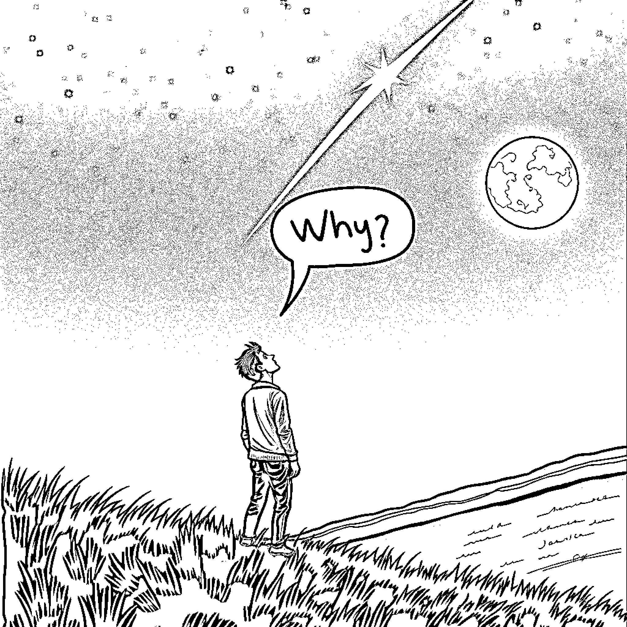 Man in field looking up at the sky and questioning Coloring Page (free black-and-white line drawing printable PDF for all, from beginners to advanced learners, including children, teens, adults, and seniors)