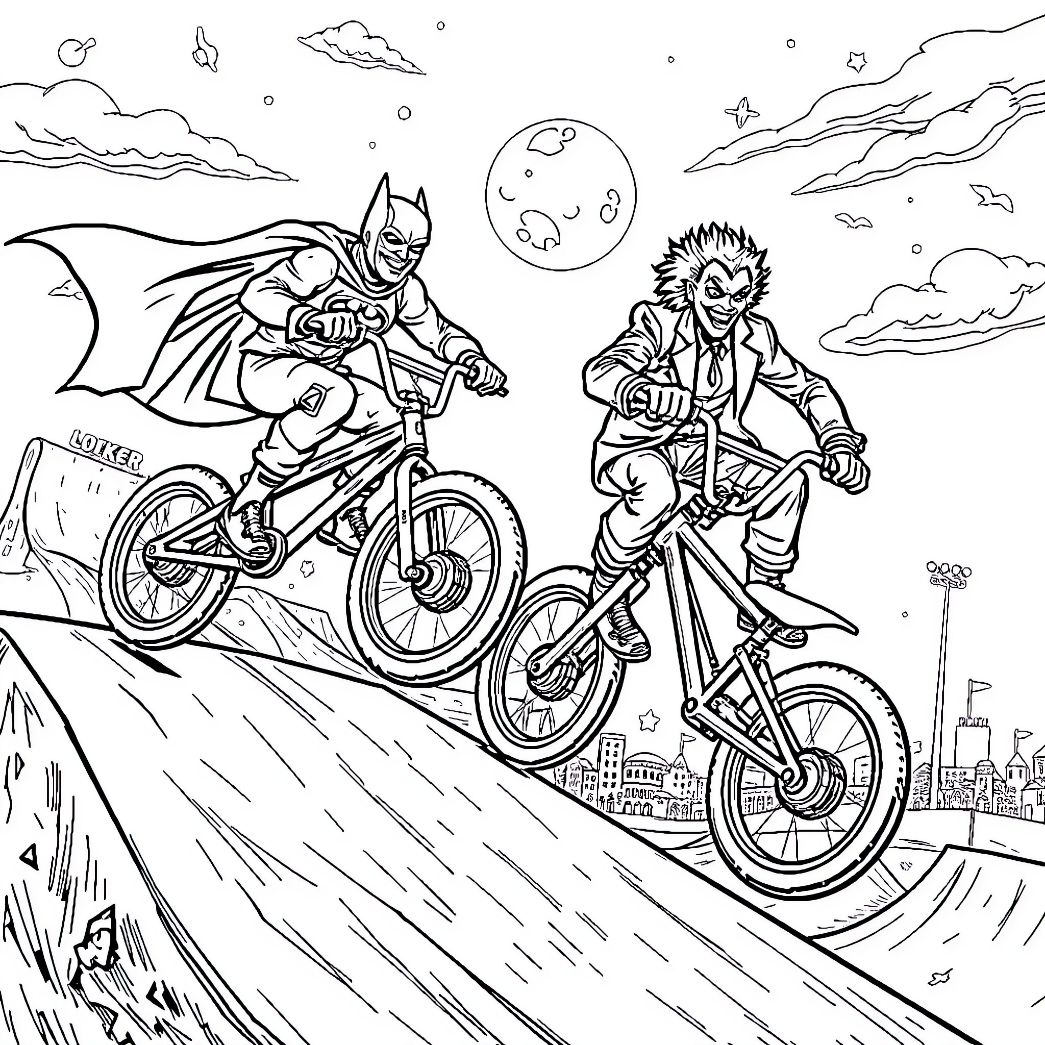 Batman and the Joker race on bicycles in the night sky Coloring Page (free black-and-white line drawing printable PDF for all, from beginners to advanced learners, including children, teens, adults, and seniors)