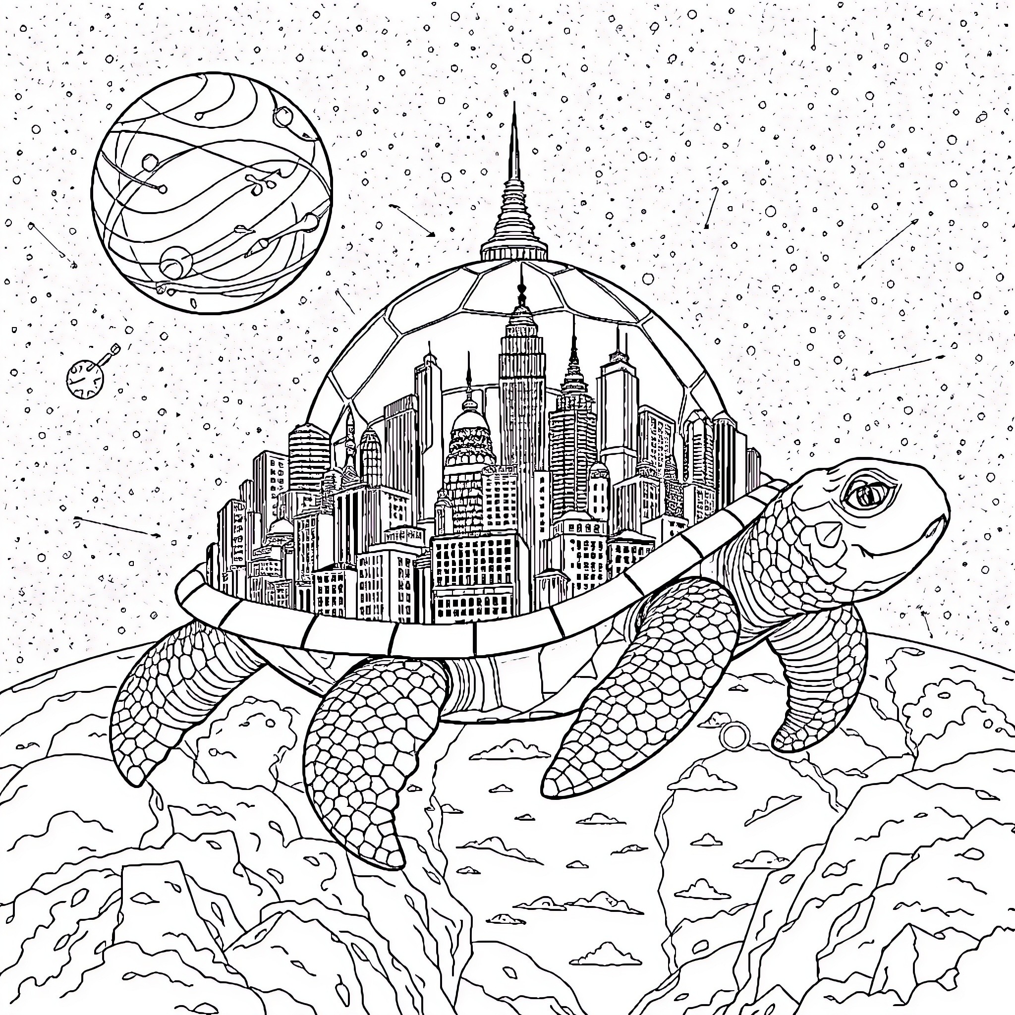 Turtle carrying a city on its back in the sky Coloring Page (free black-and-white line drawing printable PDF for all, from beginners to advanced learners, including children, teens, adults, and seniors)