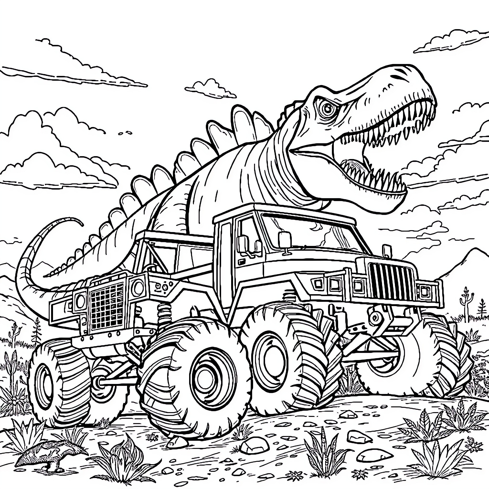 Dinosaur Truck Stomping Through the Wilderness Coloring Page (free black-and-white line drawing printable PDF for all, from beginners to advanced learners, including children, teens, adults, and seniors)