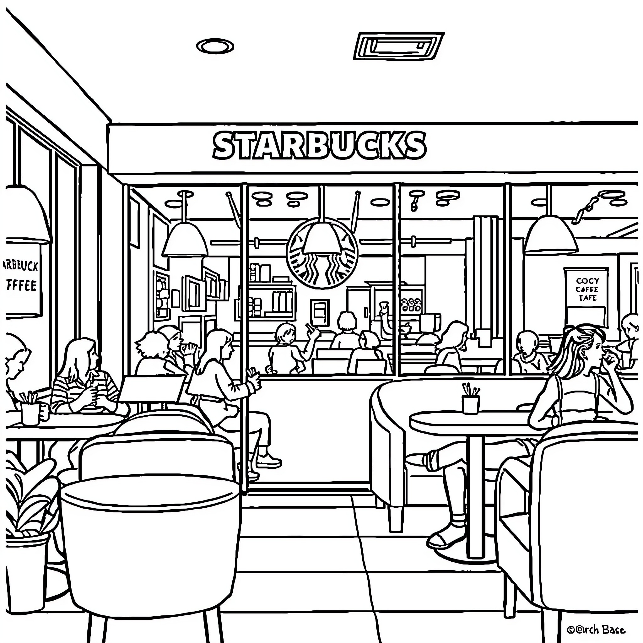 Starbucks customers enjoying coffee and conversation Coloring Page (free black-and-white line drawing printable PDF for all, from beginners to advanced learners, including children, teens, adults, and seniors)