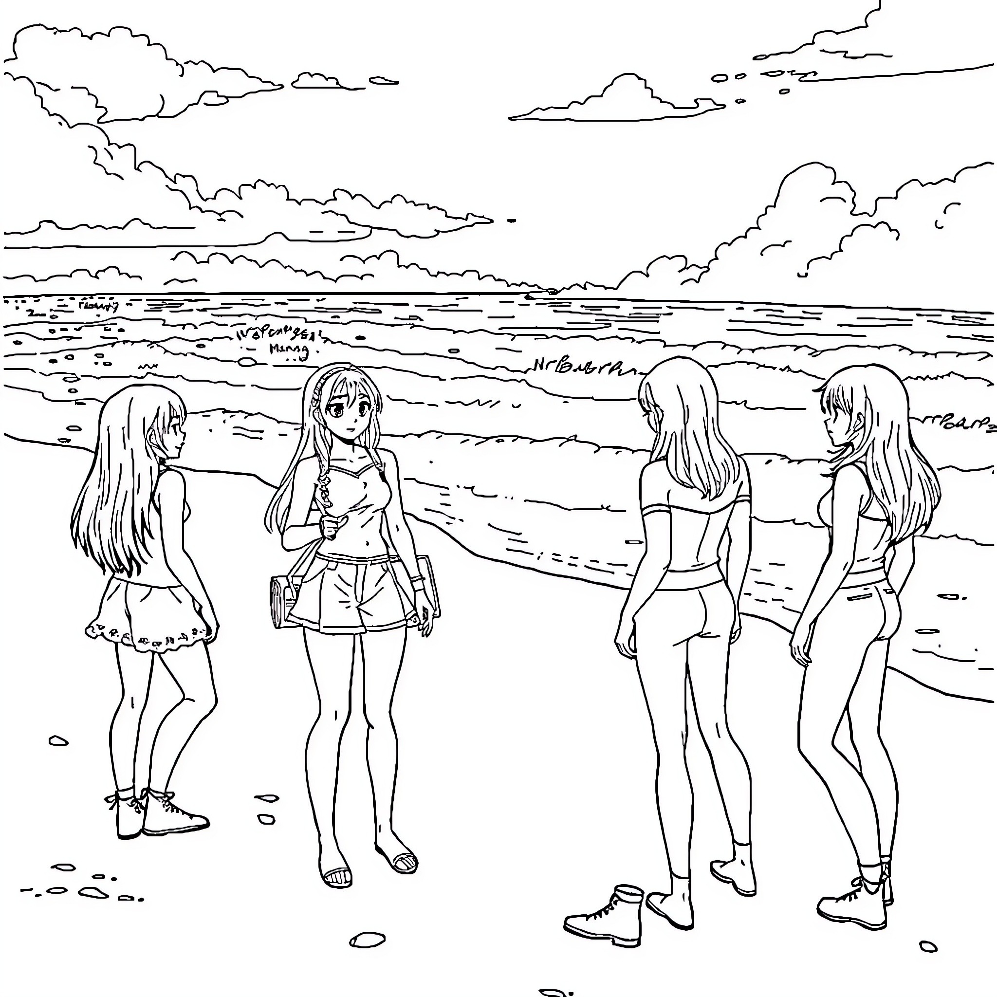 RWBY Characters on Beach with Scenic Backdrop Coloring Page (free black-and-white line drawing printable PDF for all, from beginners to advanced learners, including children, teens, adults, and seniors)