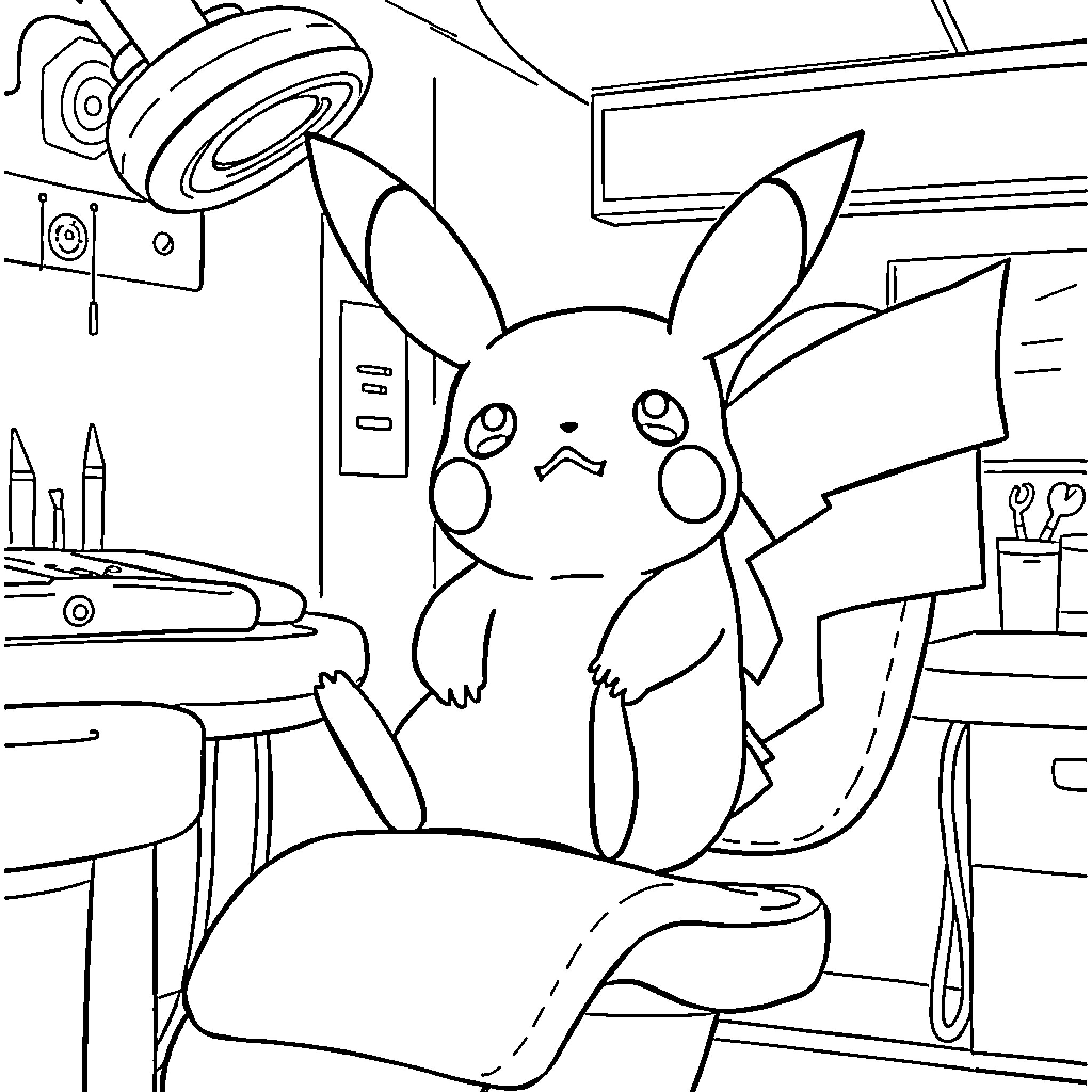 Pikachu working diligently in a workshop Coloring Page (free black-and-white line drawing printable PDF for all, from beginners to advanced learners, including children, teens, adults, and seniors)