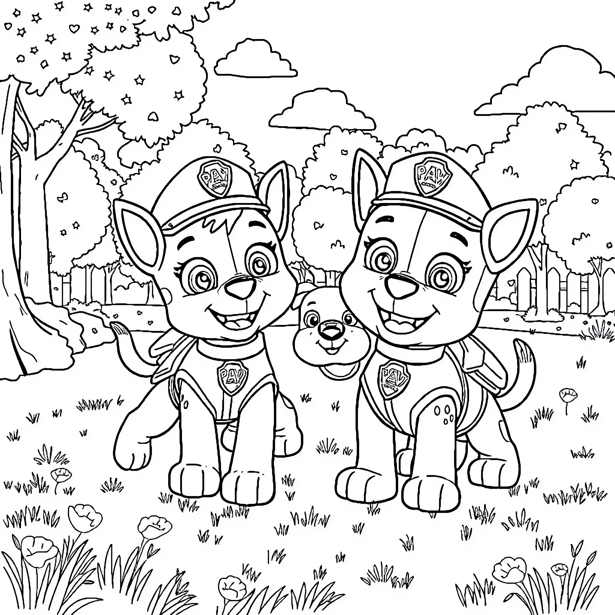 Paw Patrol pups on an adventure in the outdoors Coloring Page (free black-and-white line drawing printable PDF for all, from beginners to advanced learners, including children, teens, adults, and seniors)