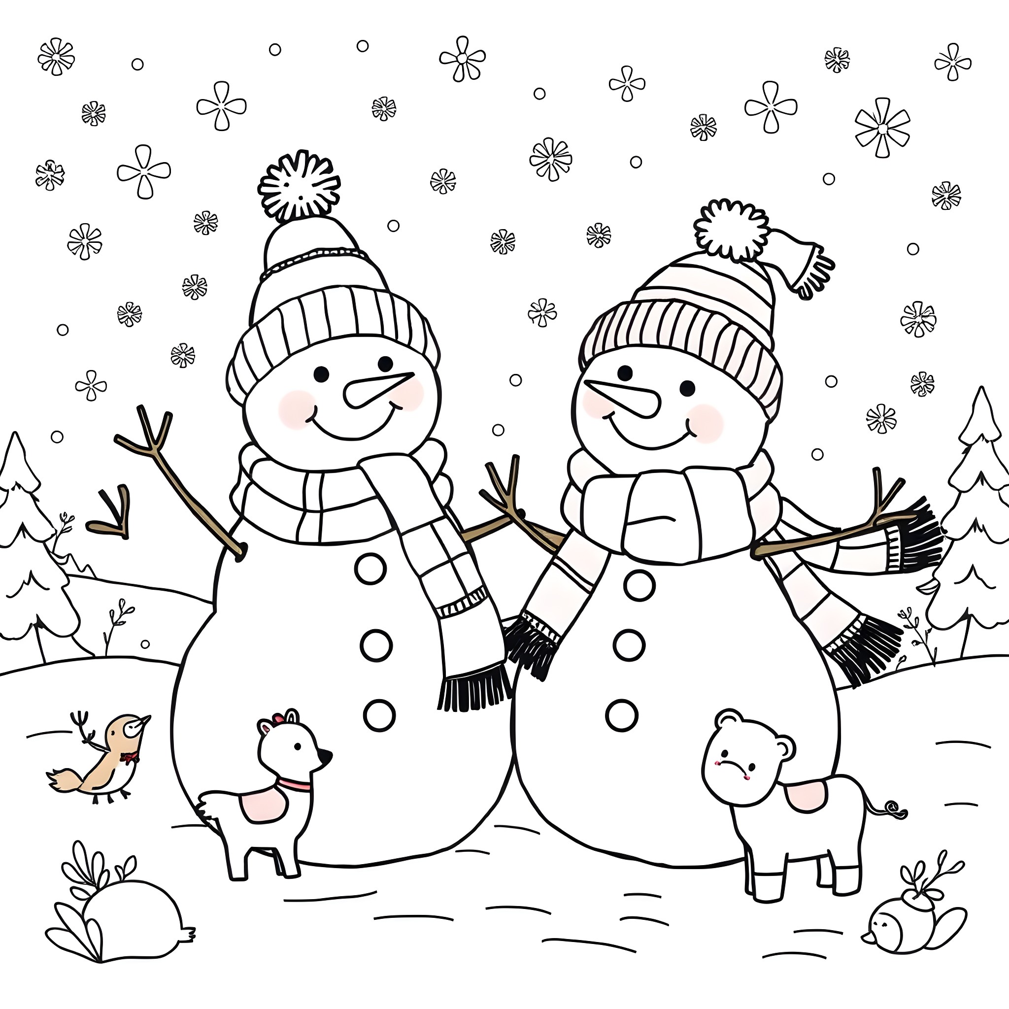 Snowman friends enjoying the winter wonderland Coloring Page (free black-and-white line drawing printable PDF for all, from beginners to advanced learners, including children, teens, adults, and seniors)