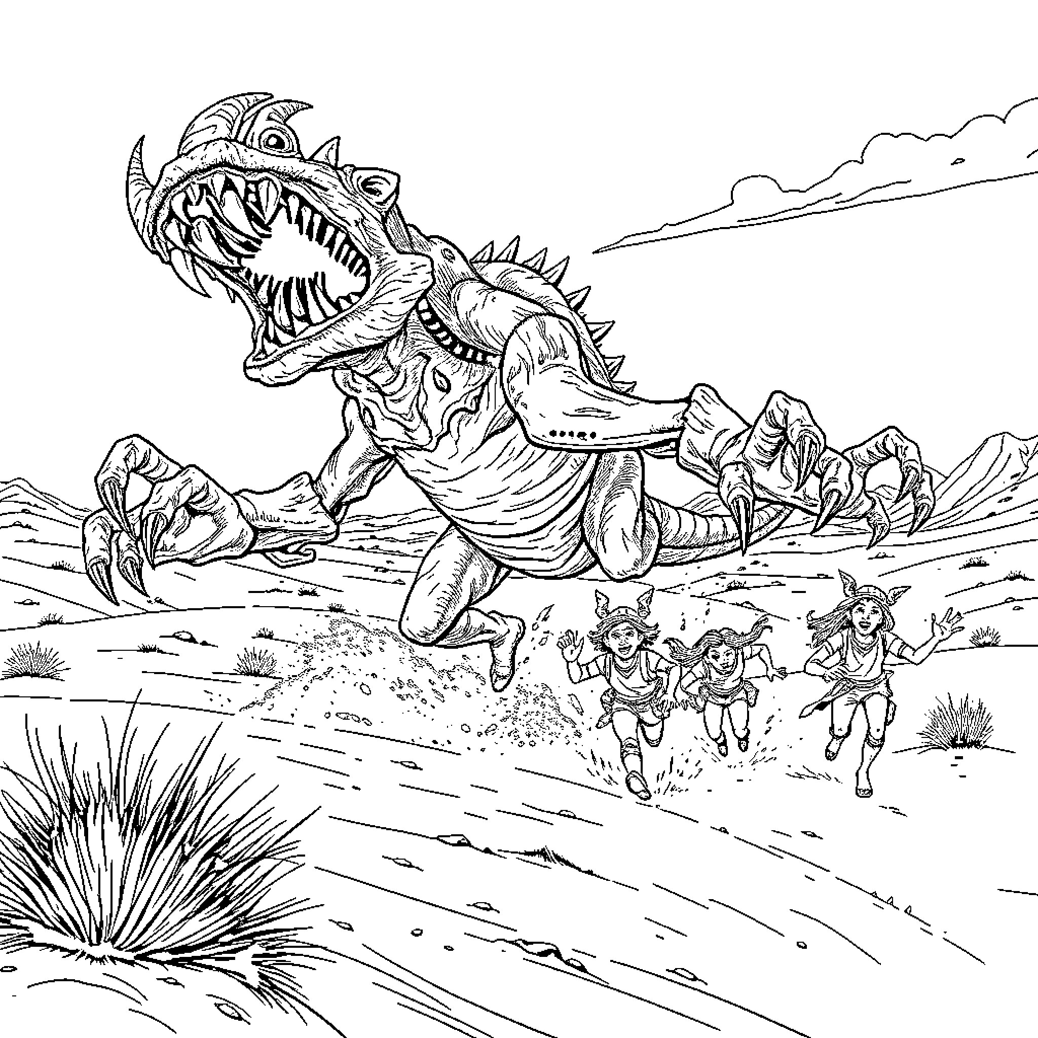 Heela Monster chasing humans in the desert landscape Coloring Page (free black-and-white line drawing printable PDF for all, from beginners to advanced learners, including children, teens, adults, and seniors)