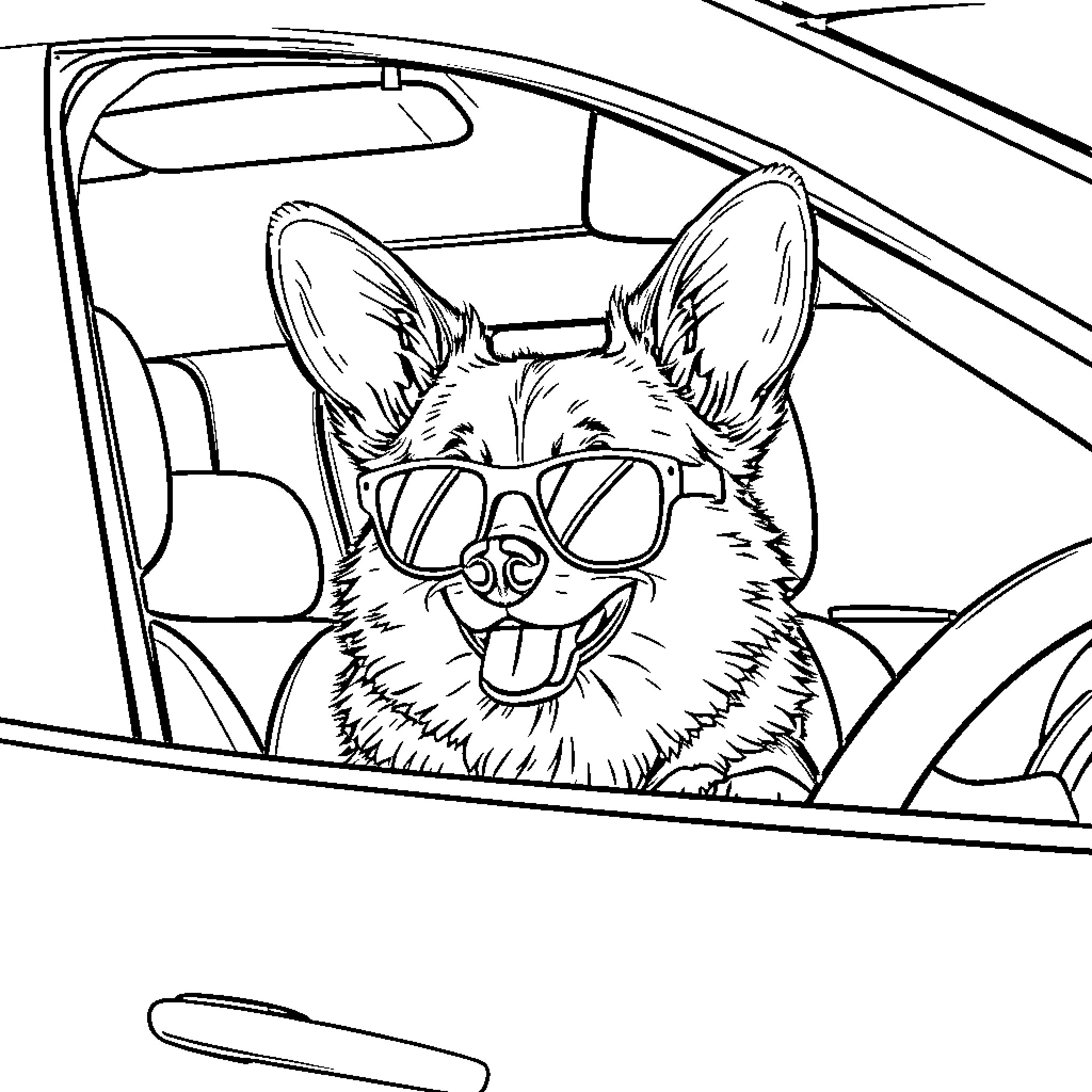 Corgi driving a car with sunglasses Coloring Page (free black-and-white line drawing printable PDF for all, from beginners to advanced learners, including children, teens, adults, and seniors)