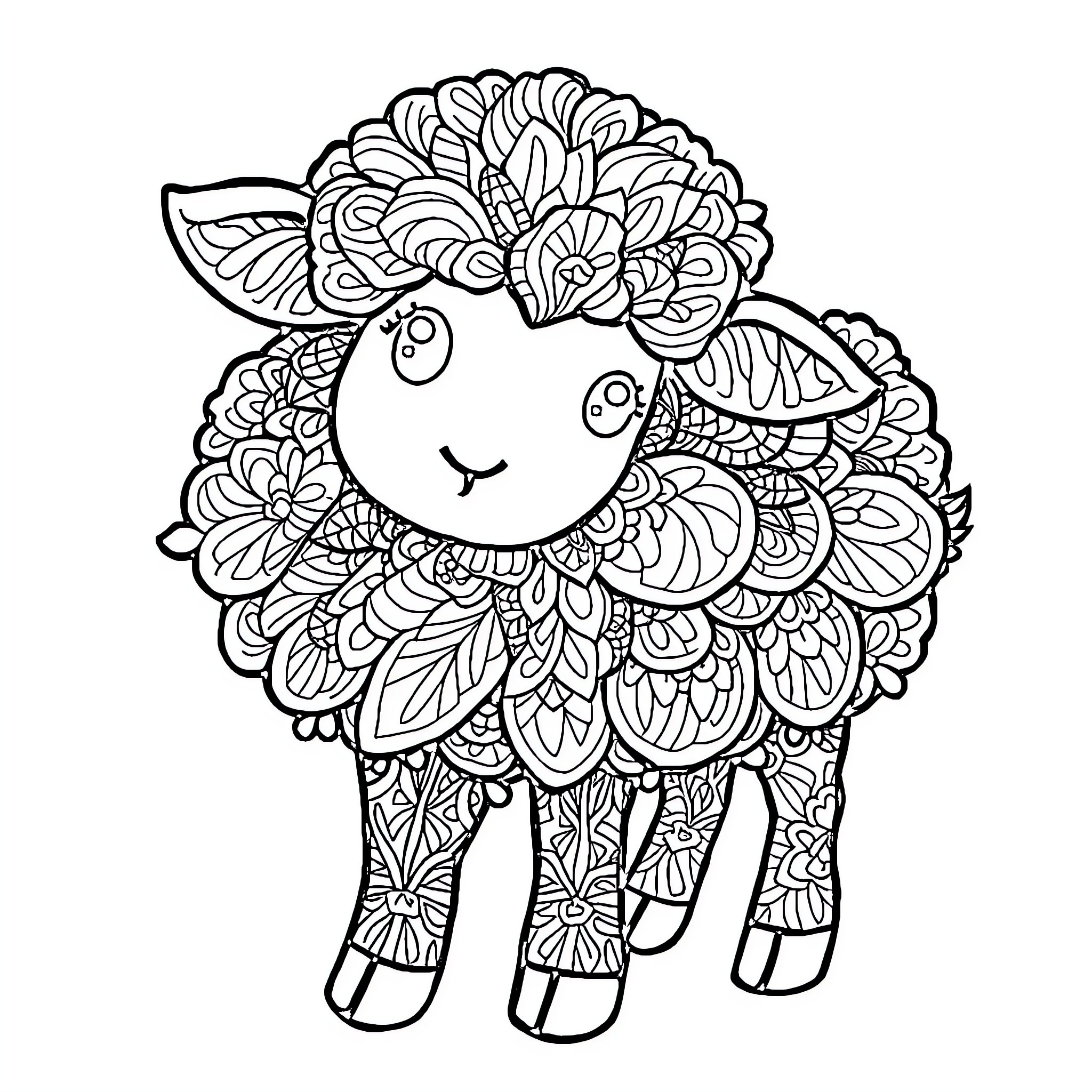 Sheep with intricate floral patterns Coloring Page (free black-and-white line drawing printable PDF for all, from beginners to advanced learners, including children, teens, adults, and seniors)