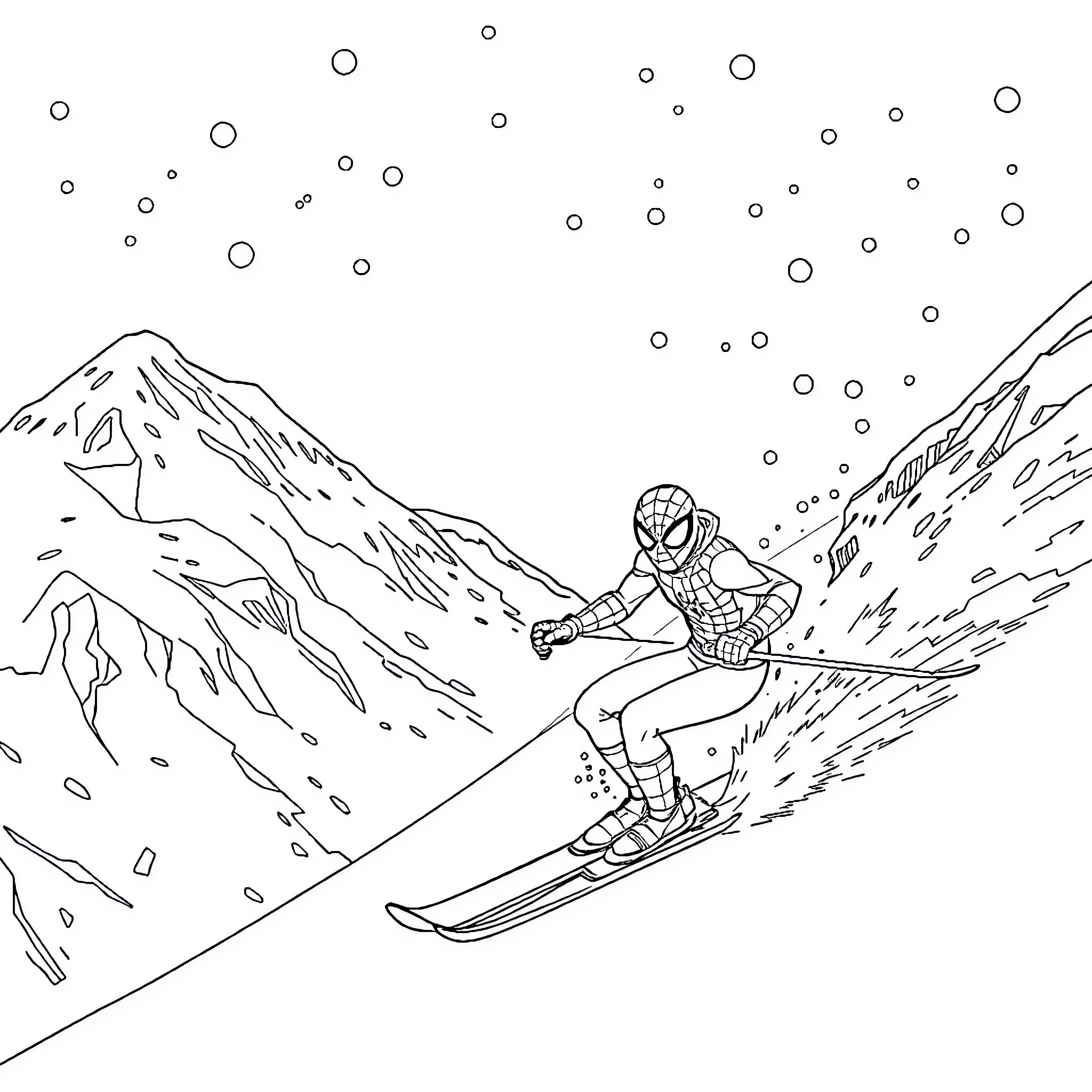 Spiderman skiing down a snowy mountain Coloring Page (free black-and-white line drawing printable PDF for all, from beginners to advanced learners, including children, teens, adults, and seniors)
