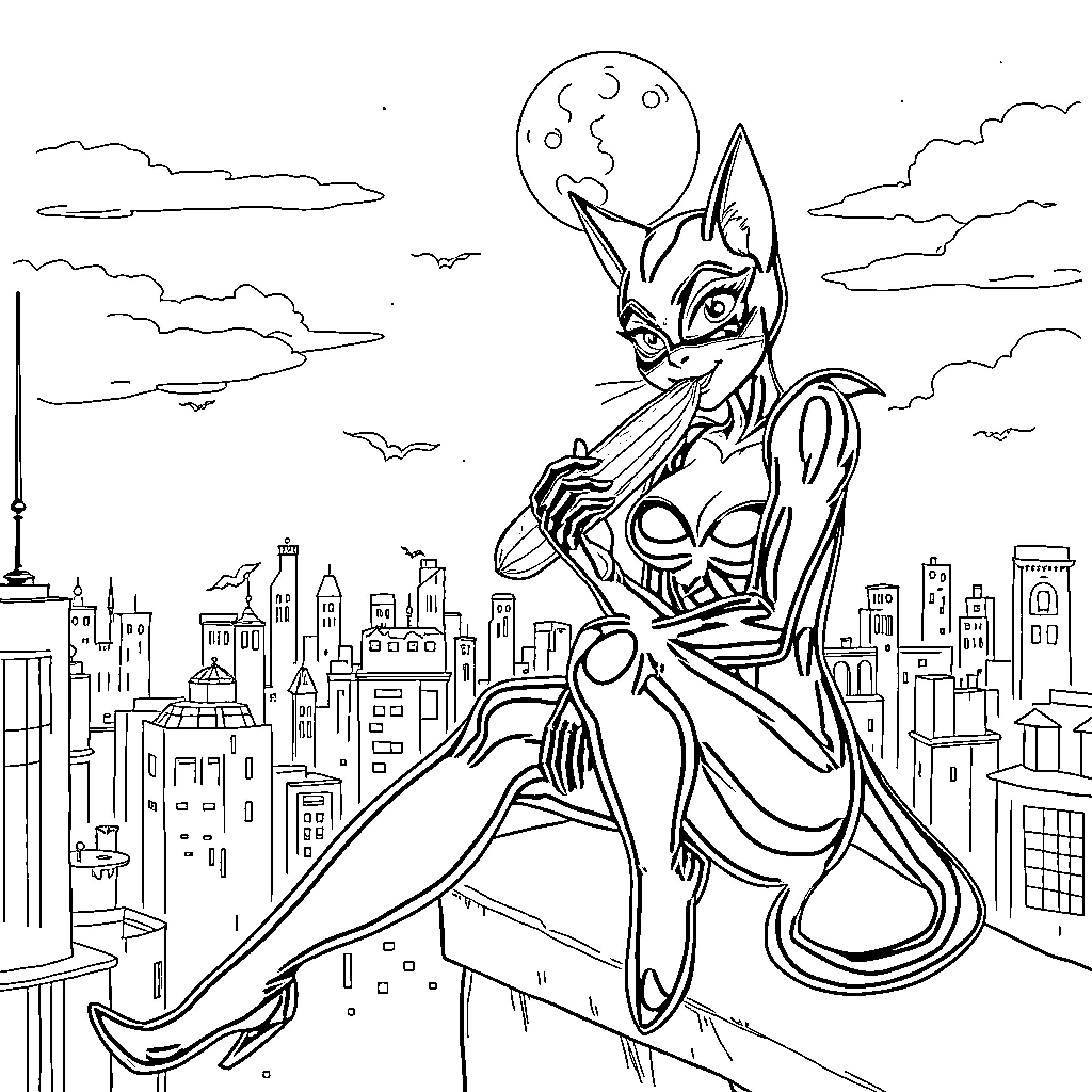 Catwoman soaring over the city skyline Coloring Page (free black-and-white line drawing printable PDF for all, from beginners to advanced learners, including children, teens, adults, and seniors)