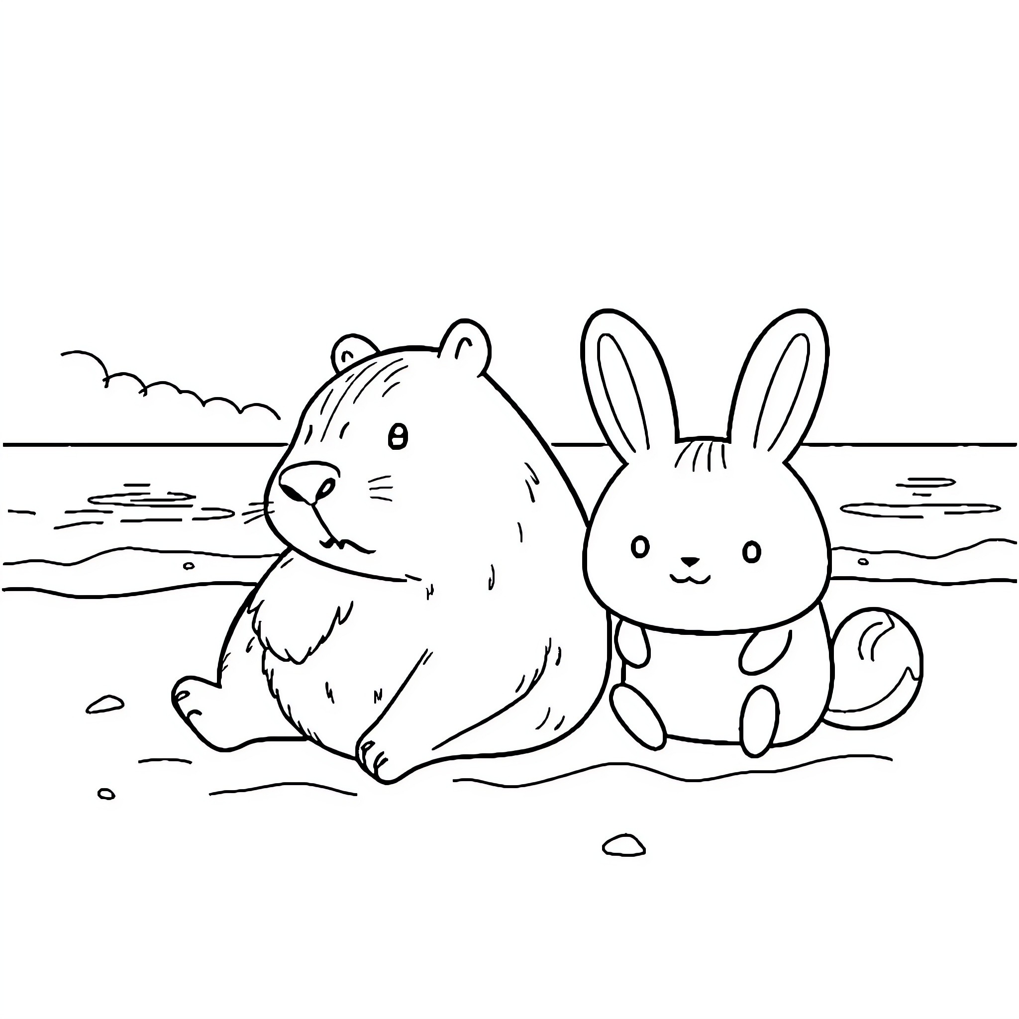 Capybara and Bunny Playing Together Coloring Page (free black-and-white line drawing printable PDF for all, from beginners to advanced learners, including children, teens, adults, and seniors)