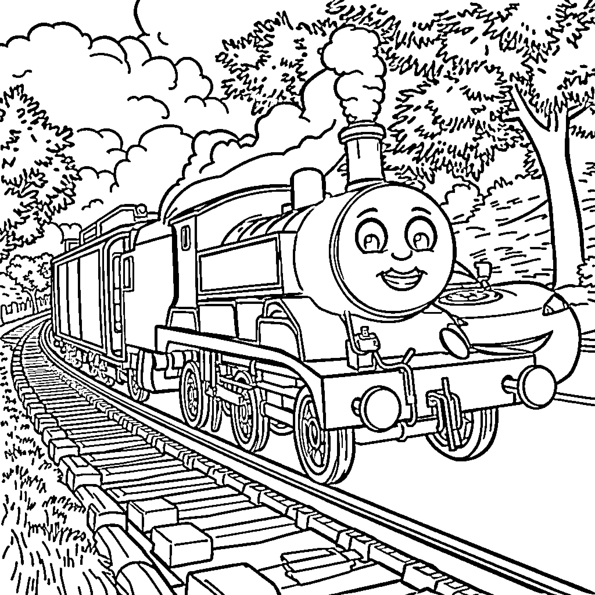 Train traveling cheerfully through scenic landscape Coloring Page (free black-and-white line drawing printable PDF for all, from beginners to advanced learners, including children, teens, adults, and seniors)
