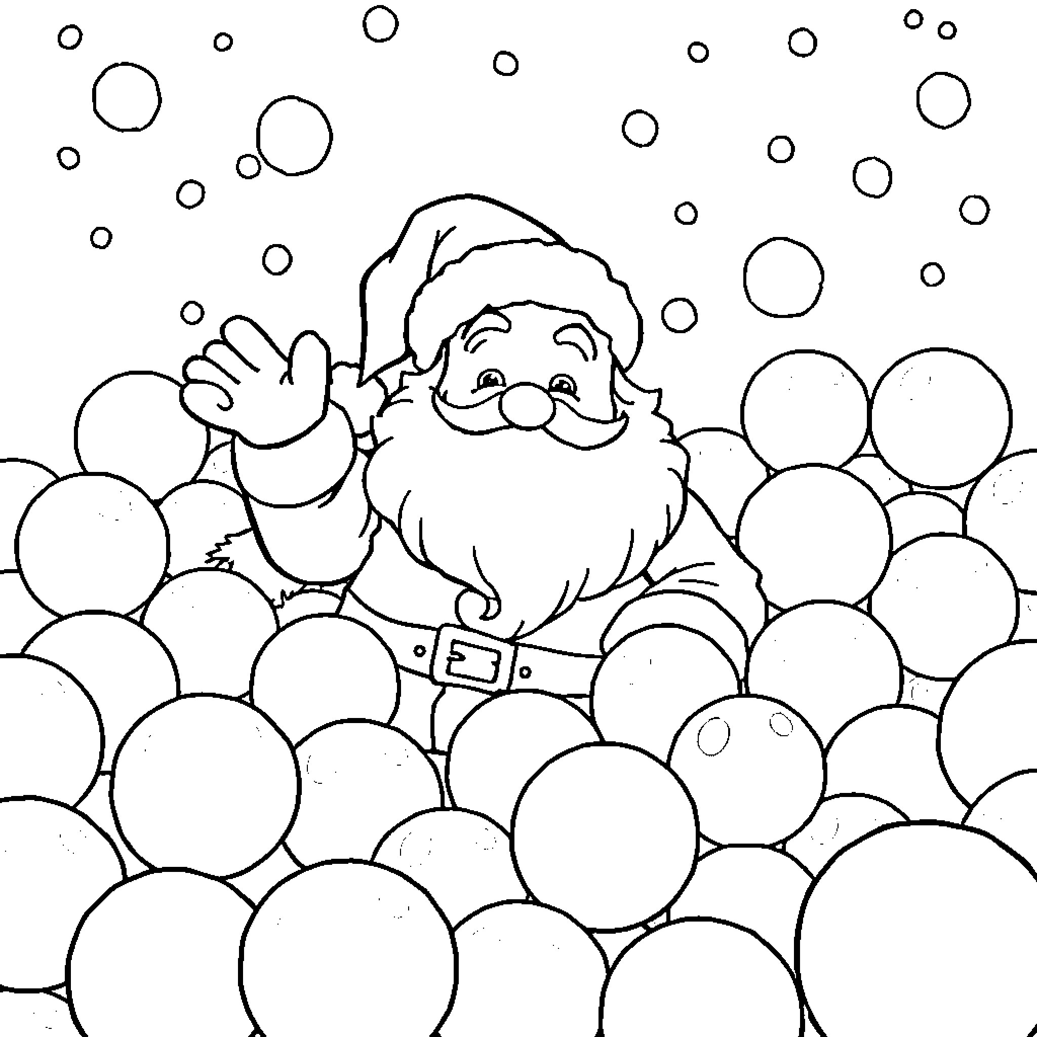 Santa waving amidst falling snowflakes Coloring Page (free black-and-white line drawing printable PDF for all, from beginners to advanced learners, including children, teens, adults, and seniors)