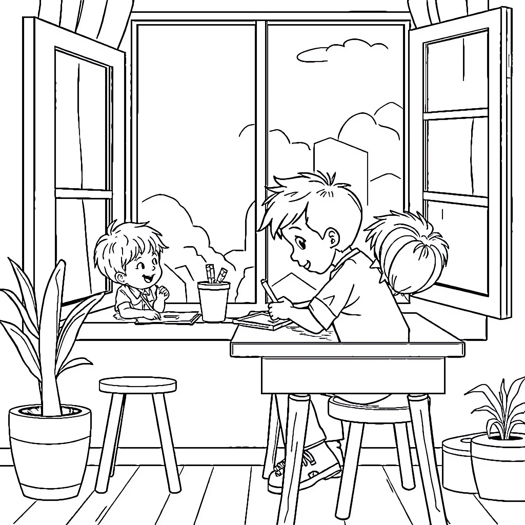 Niños estudiando diligentemente en el escritorio Coloring Page (free black-and-white line drawing printable PDF for all, from beginners to advanced learners, including children, teens, adults, and seniors)
