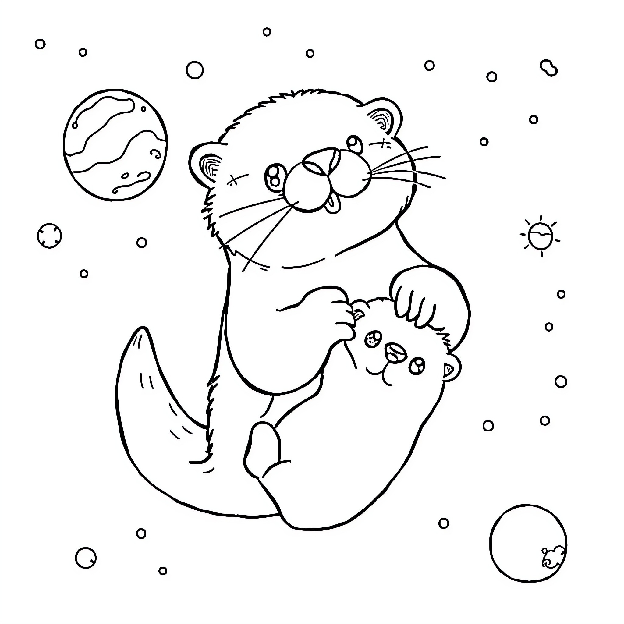 Otter floating in space with planets Coloring Page (free black-and-white line drawing printable PDF for all, from beginners to advanced learners, including children, teens, adults, and seniors)