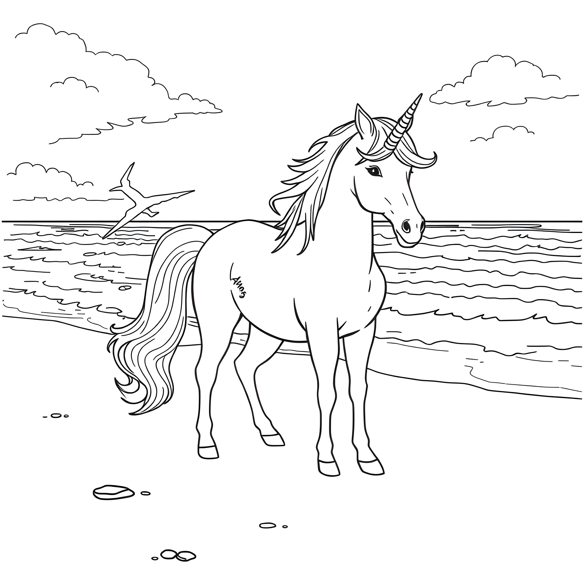 Unicorn standing near the ocean shore Coloring Page (free black-and-white line drawing printable PDF for all, from beginners to advanced learners, including children, teens, adults, and seniors)