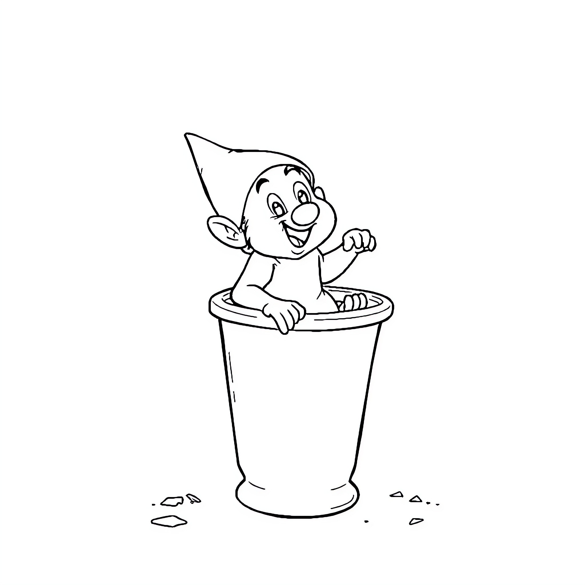 Dwarf peering out from a container Coloring Page (free black-and-white line drawing printable PDF for all, from beginners to advanced learners, including children, teens, adults, and seniors)