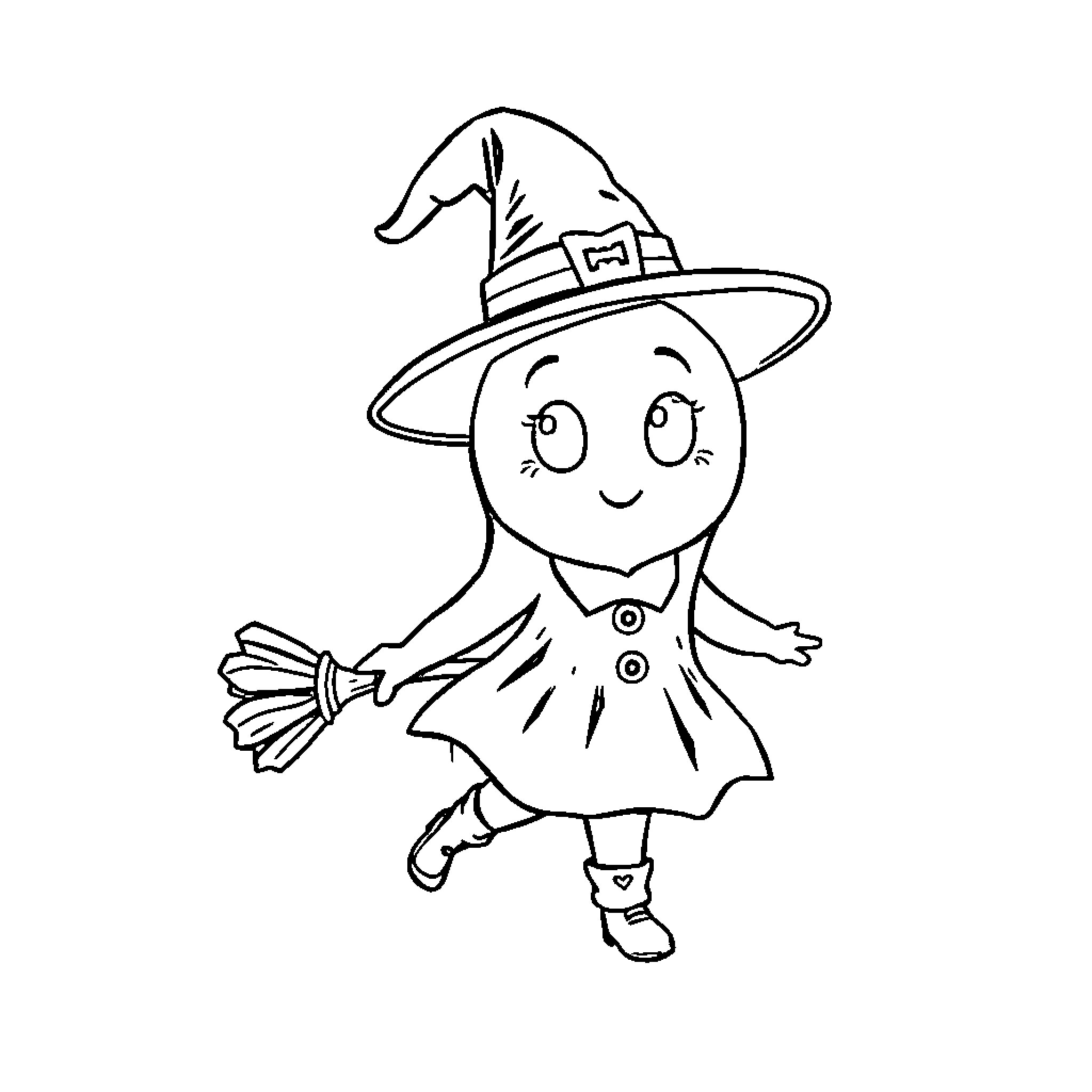 Ghost witch skipping happily in Halloween outfit Coloring Page (free black-and-white line drawing printable PDF for all, from beginners to advanced learners, including children, teens, adults, and seniors)
