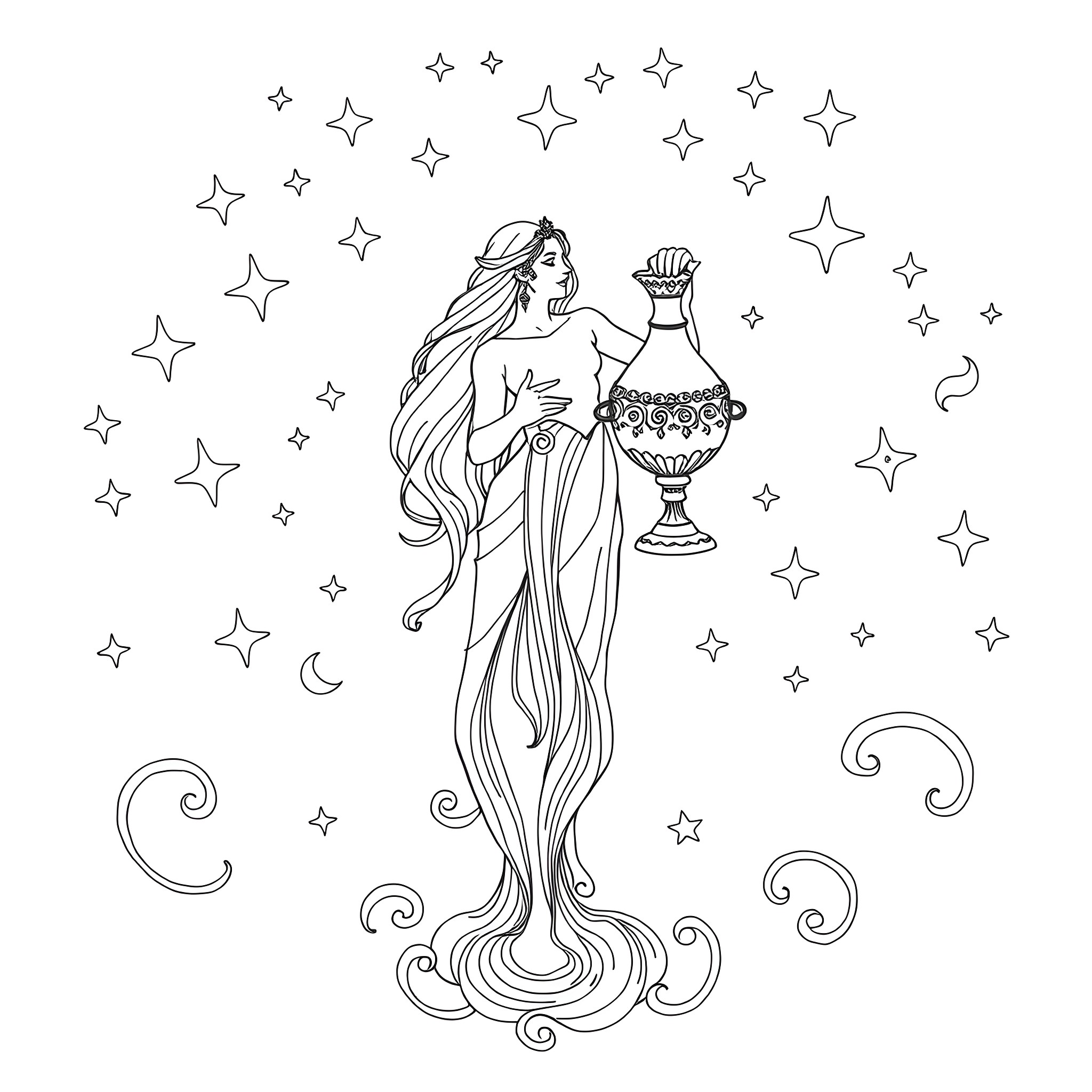Aquarius - Celestial Goddess Holding Urn Amidst Stars Coloring Page (free black-and-white line drawing printable PDF for all, from beginners to advanced learners, including children, teens, adults, and seniors)