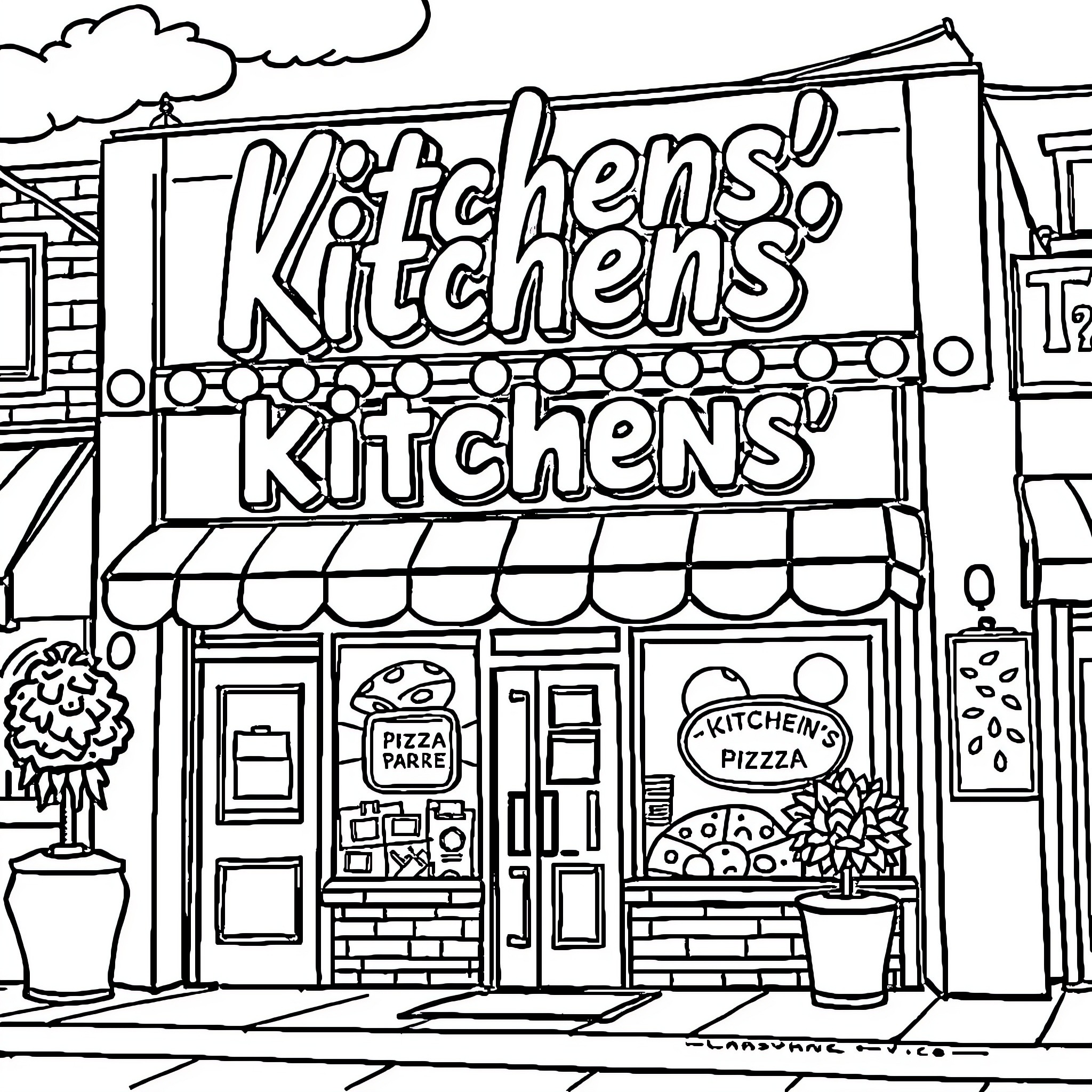 Pizza shop with lively kitchen signs Coloring Page (free black-and-white line drawing printable PDF for all, from beginners to advanced learners, including children, teens, adults, and seniors)