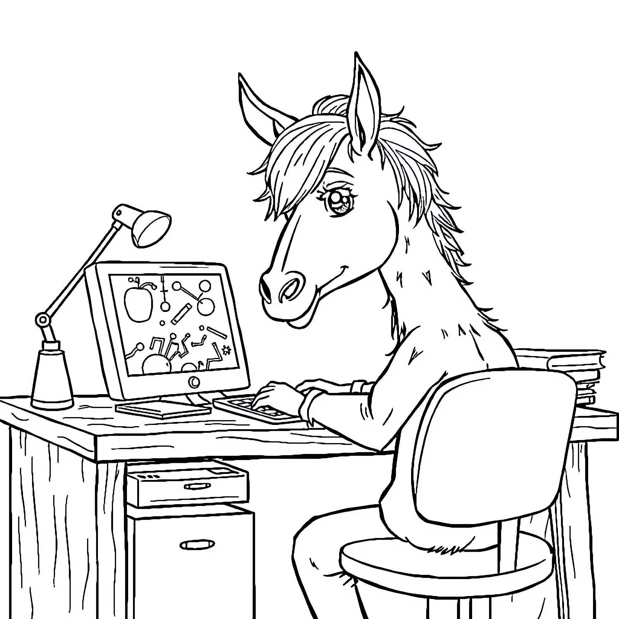 Donkey working diligently on computer in office Coloring Page (free black-and-white line drawing printable PDF for all, from beginners to advanced learners, including children, teens, adults, and seniors)