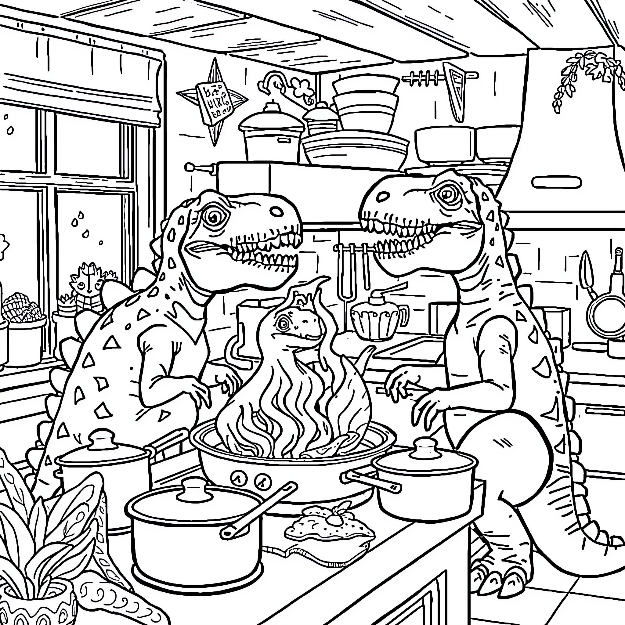 Dinosaurs cooking a tasty meal in the kitchen Coloring Page (free black-and-white line drawing printable PDF for all, from beginners to advanced learners, including children, teens, adults, and seniors)