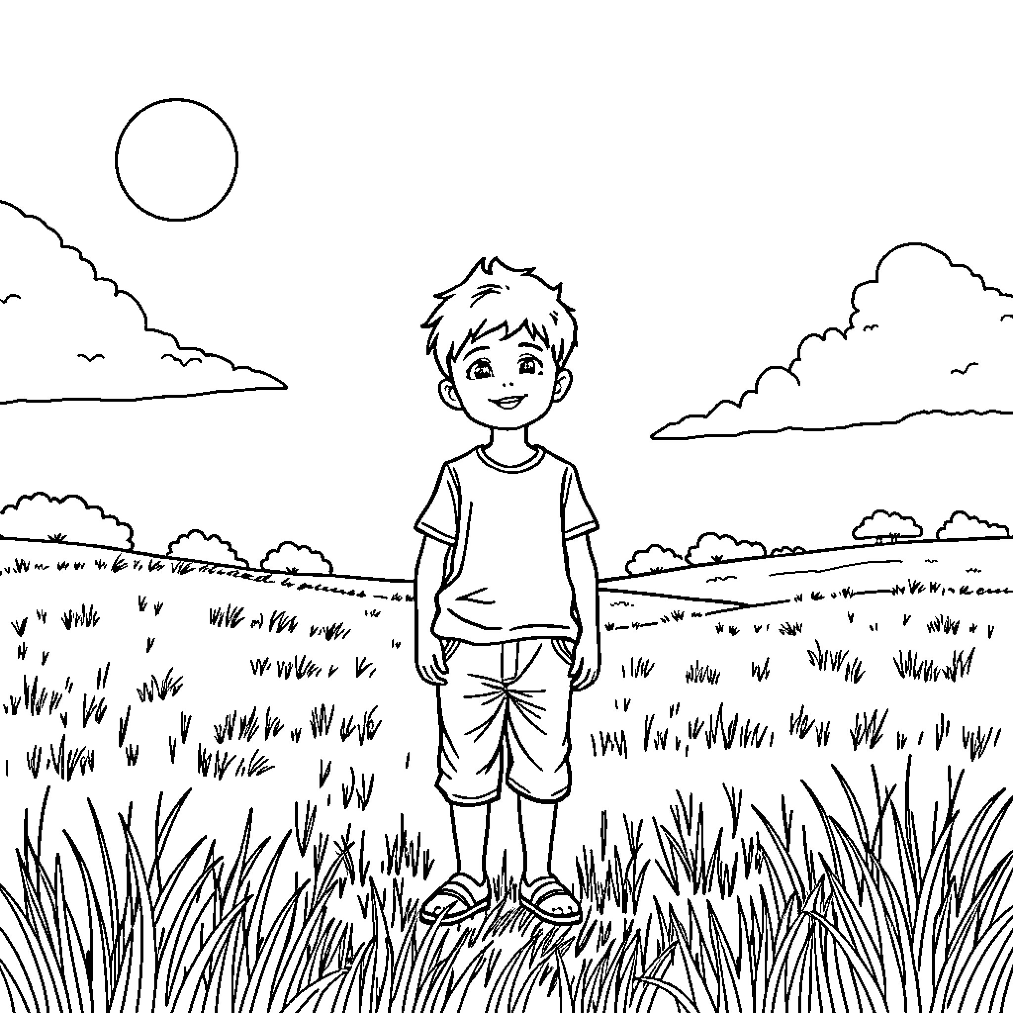 Boy enjoying a sunny day in the countryside Coloring Page (free black-and-white line drawing printable PDF for all, from beginners to advanced learners, including children, teens, adults, and seniors)
