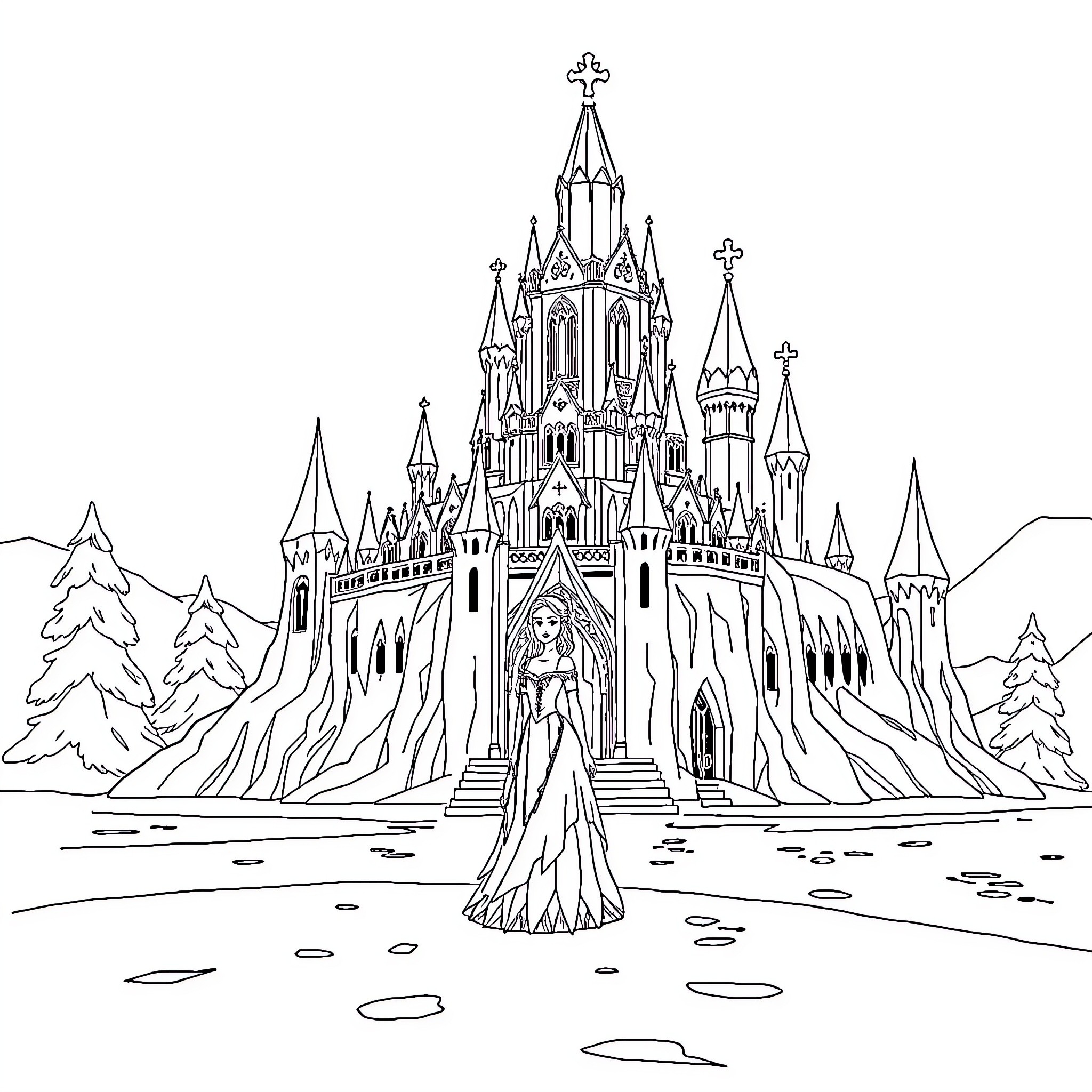 Queen standing in front of the enchanted castle Coloring Page (free black-and-white line drawing printable PDF for all, from beginners to advanced learners, including children, teens, adults, and seniors)