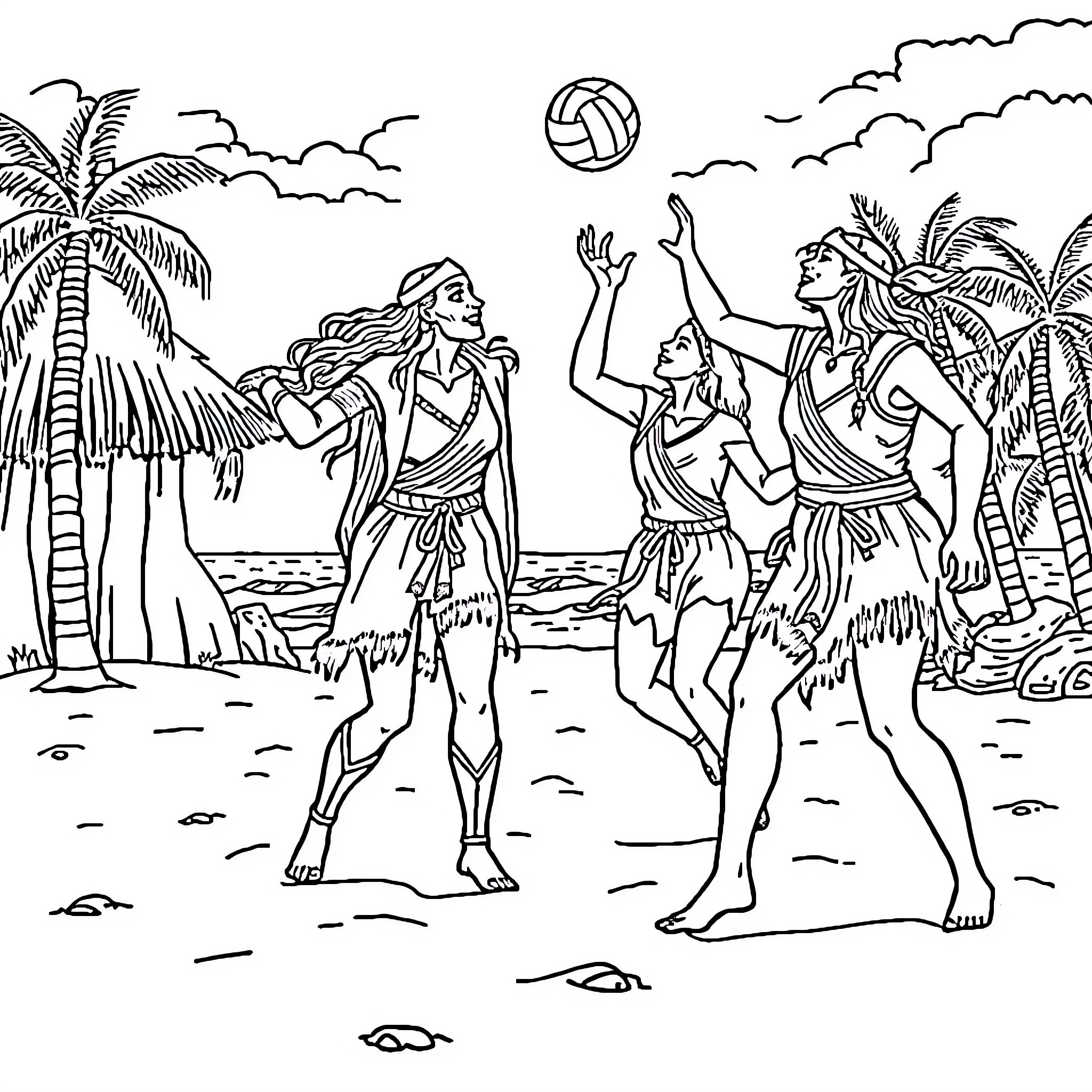 Viking Women Playing Beach Volleyball Coloring Page (free black-and-white line drawing printable PDF for all, from beginners to advanced learners, including children, teens, adults, and seniors)
