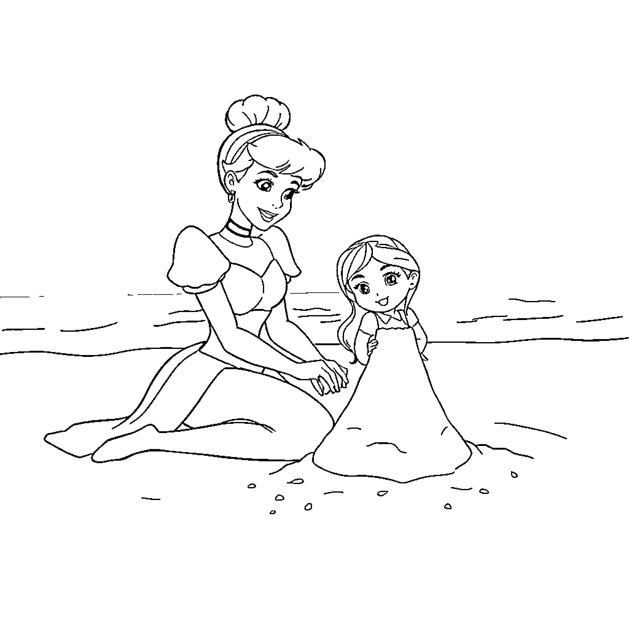 Cinderella comforting a young girl in a field Coloring Page (free black-and-white line drawing printable PDF for all, from beginners to advanced learners, including children, teens, adults, and seniors)
