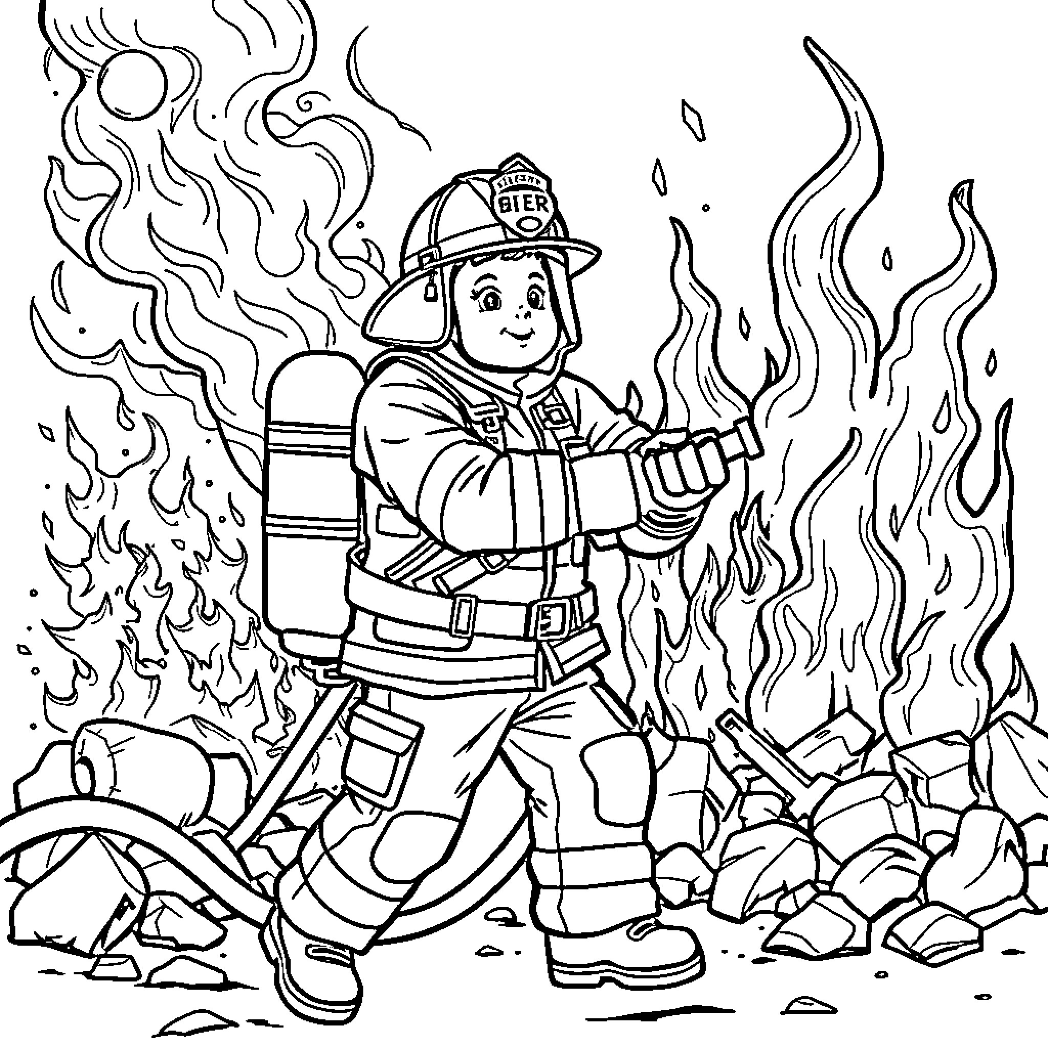 Firefighter battling flames and rescuing victims Coloring Page (free black-and-white line drawing printable PDF for all, from beginners to advanced learners, including children, teens, adults, and seniors)