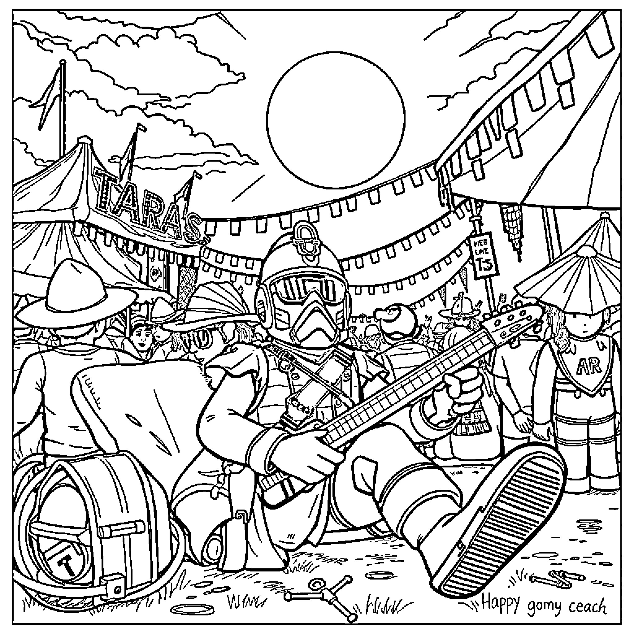 Toy Soldiers at Carnival Festival Coloring Page (free black-and-white line drawing printable PDF for all, from beginners to advanced learners, including children, teens, adults, and seniors)