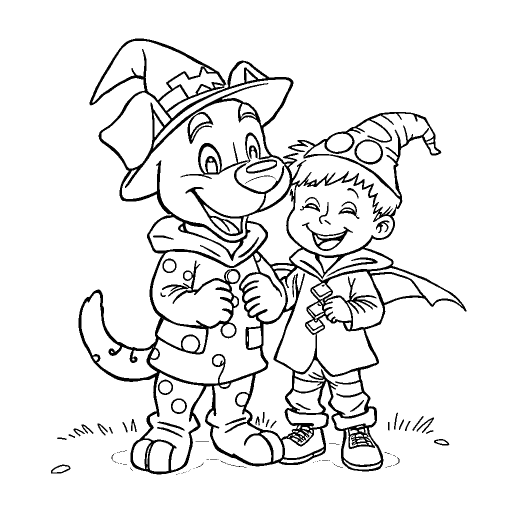 Dogman and boy in Halloween costumes Coloring Page (free black-and-white line drawing printable PDF for all, from beginners to advanced learners, including children, teens, adults, and seniors)