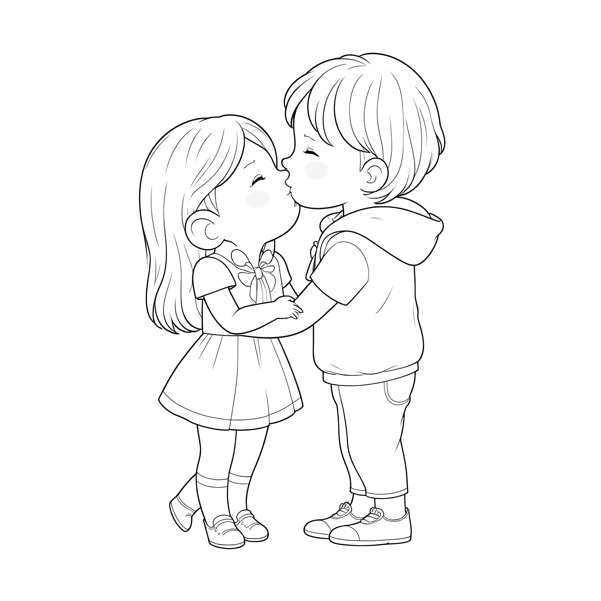 Girl and boy hugging affectionately Coloring Page (free black-and-white line drawing printable PDF for all, from beginners to advanced learners, including children, teens, adults, and seniors)