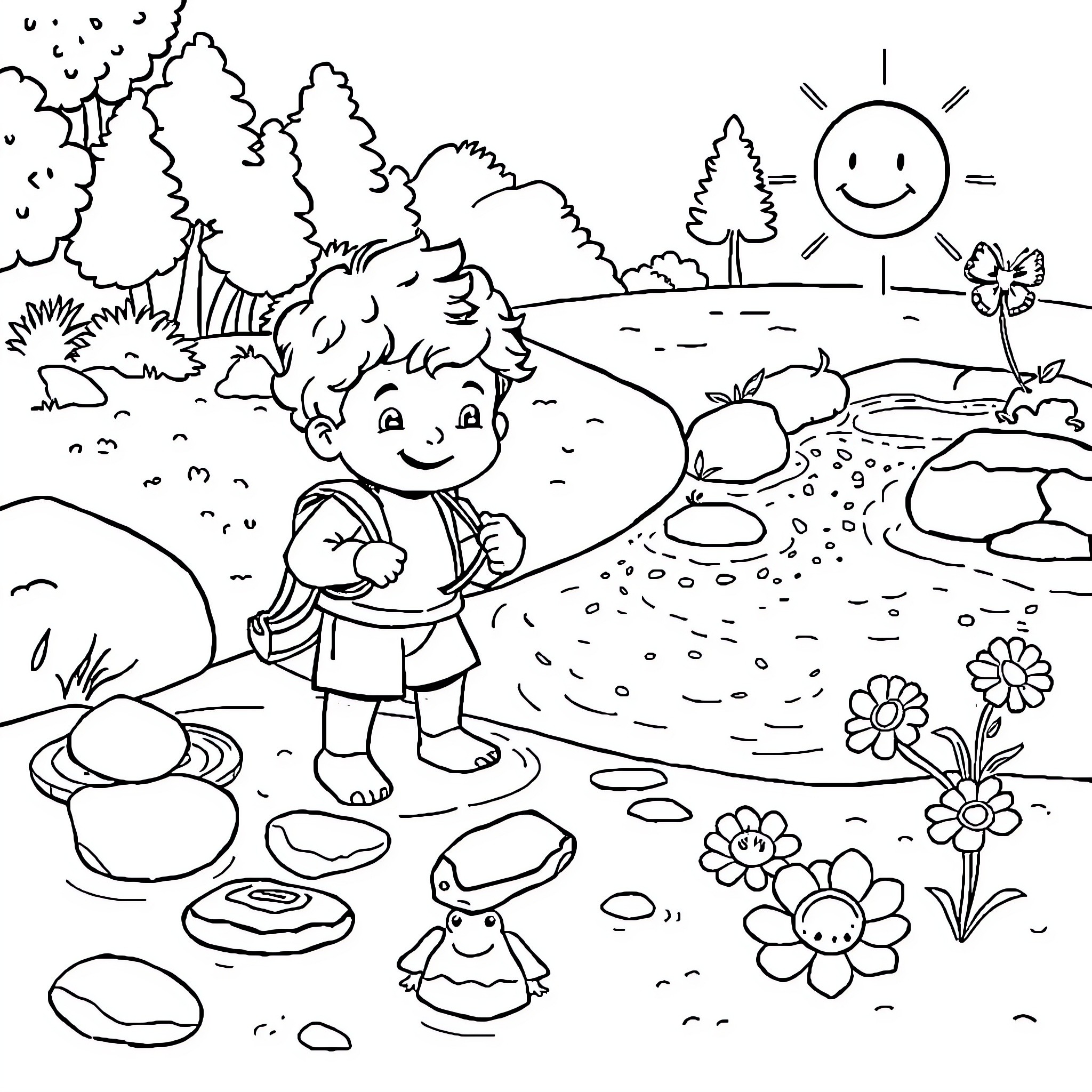 David's Outdoor Adventure in the Forest Coloring Page (free black-and-white line drawing printable PDF for all, from beginners to advanced learners, including children, teens, adults, and seniors)
