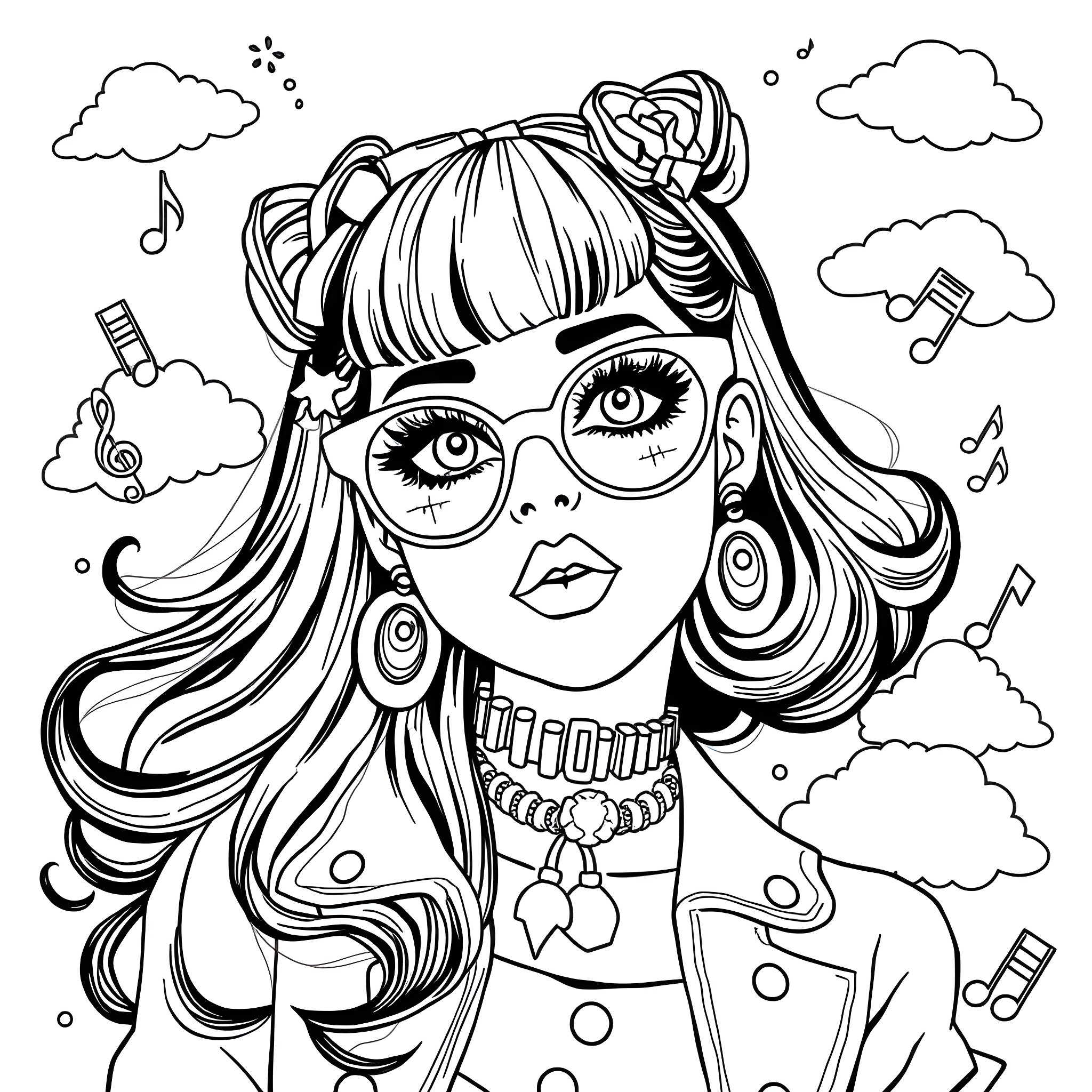 Melanie Martinez: Whimsical Portrait with Musical Accessories Coloring Page (free black-and-white line drawing printable PDF for all, from beginners to advanced learners, including children, teens, adults, and seniors)