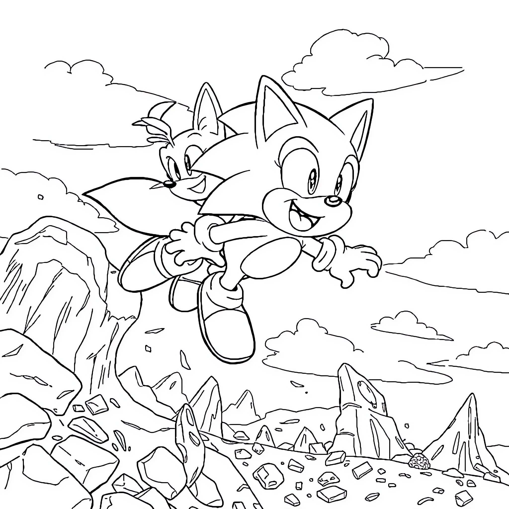 Tails explores the rocky mountain terrain Coloring Page (free black-and-white line drawing printable PDF for all, from beginners to advanced learners, including children, teens, adults, and seniors)