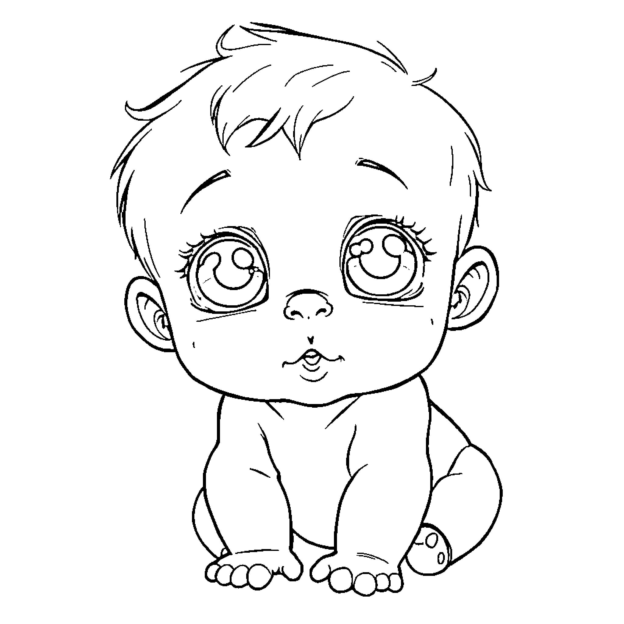 Baby with Cheerful Expression Coloring Page (free black-and-white line drawing printable PDF for all, from beginners to advanced learners, including children, teens, adults, and seniors)