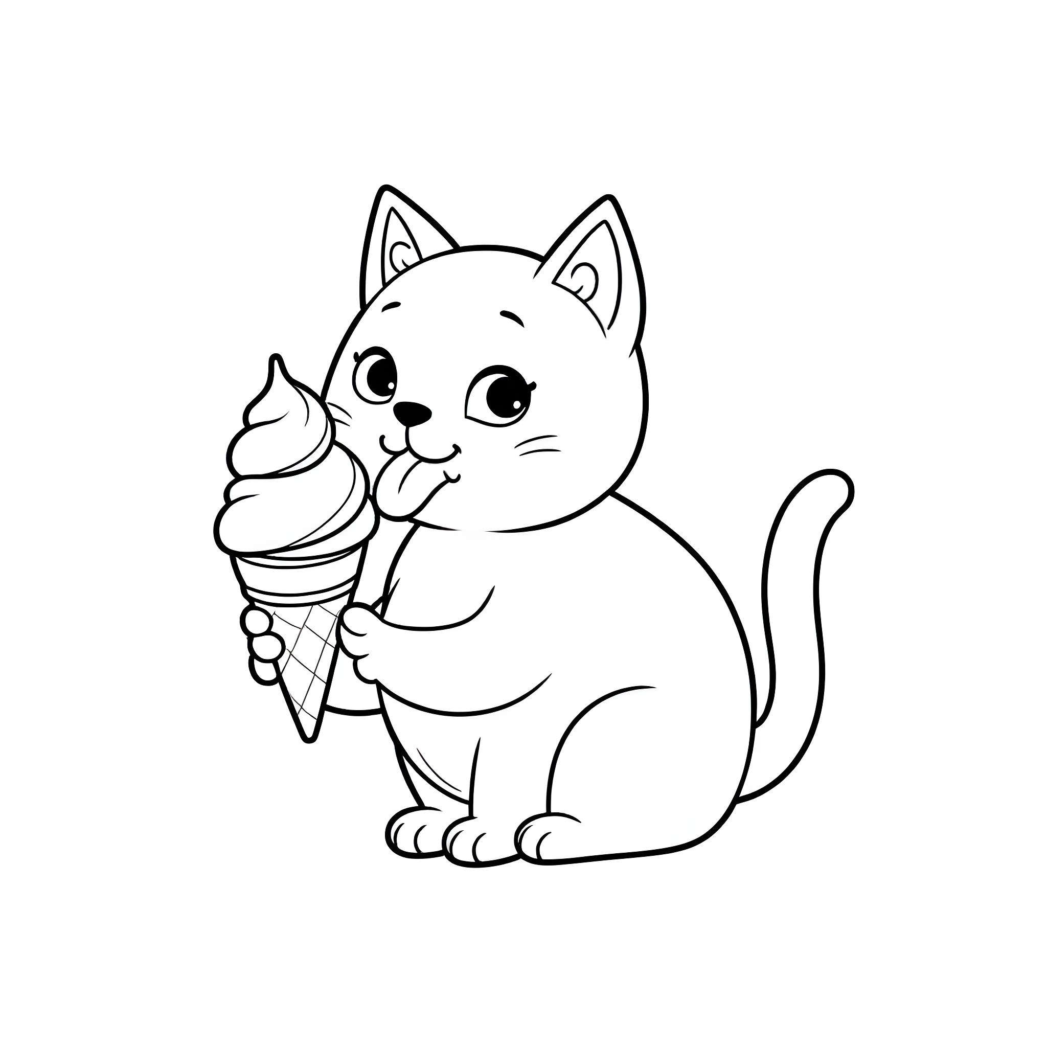 Cat enjoying ice cream cone Coloring Page (free black-and-white line drawing printable PDF for all, from beginners to advanced learners, including children, teens, adults, and seniors)