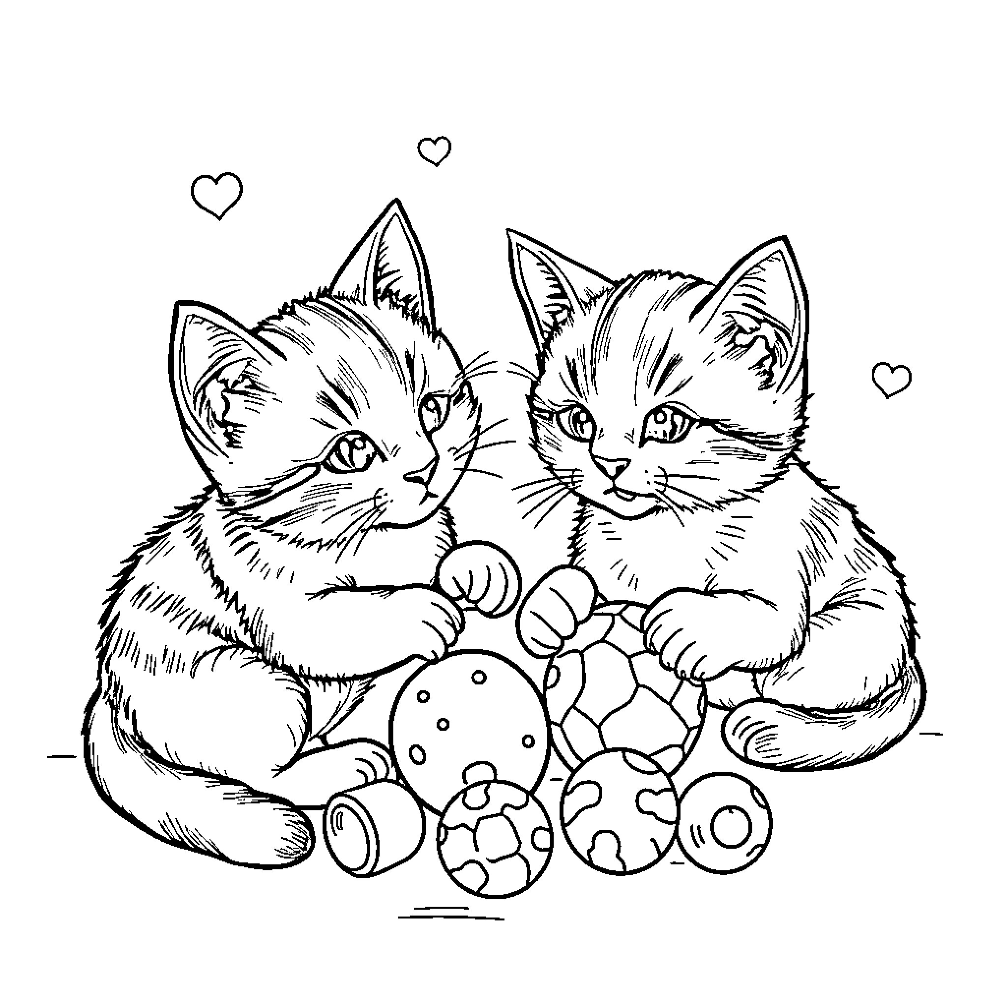 Cute Kittens Playing with Toys Coloring Page (free black-and-white line drawing printable PDF for all, from beginners to advanced learners, including children, teens, adults, and seniors)