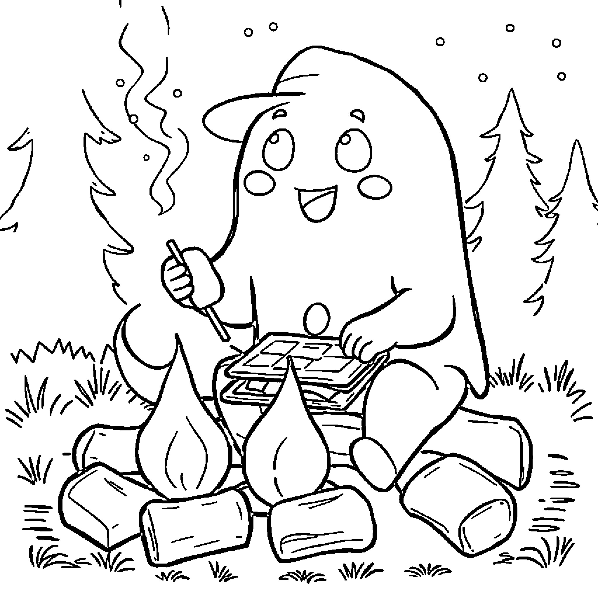 Ghost enjoying a tasty s'mores by the campfire Coloring Page (free black-and-white line drawing printable PDF for all, from beginners to advanced learners, including children, teens, adults, and seniors)