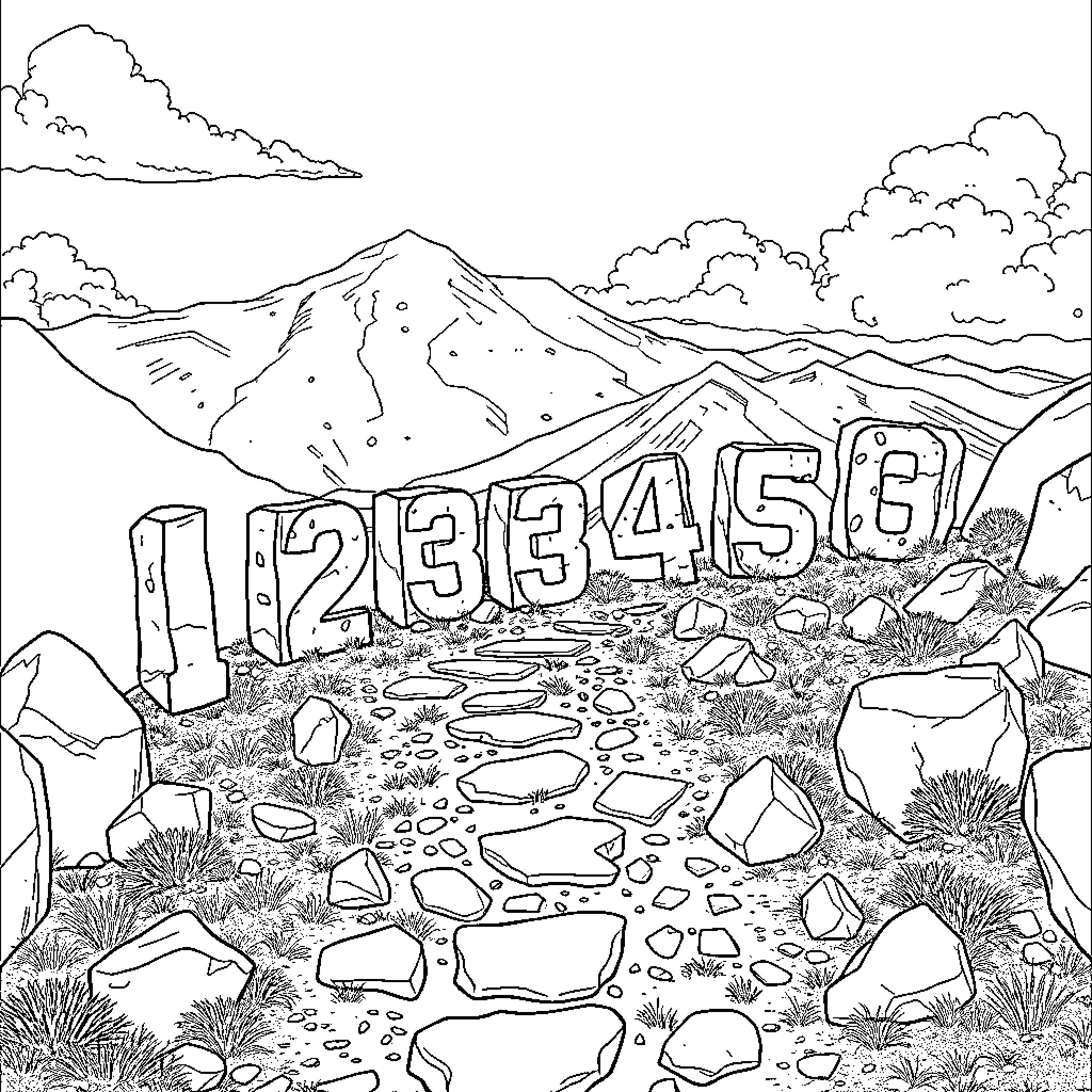 Number Illustration of a Mountain Road Coloring Page (free black-and-white line drawing printable PDF for all, from beginners to advanced learners, including children, teens, adults, and seniors)