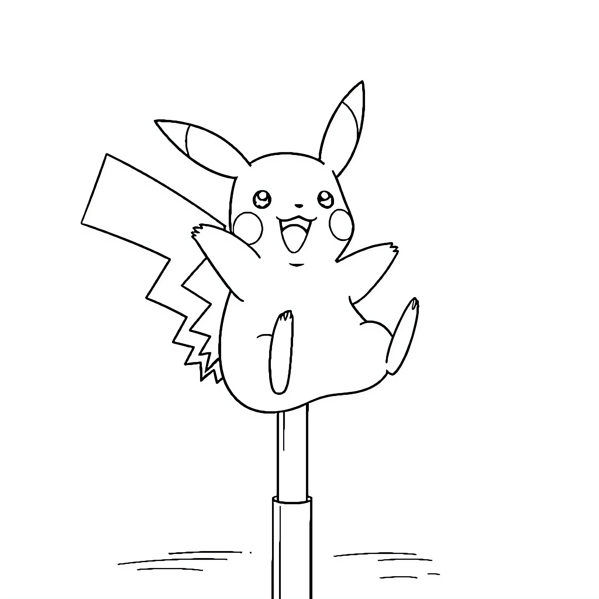 Pikachu excitedly waving on a stick Coloring Page (free black-and-white line drawing printable PDF for all, from beginners to advanced learners, including children, teens, adults, and seniors)